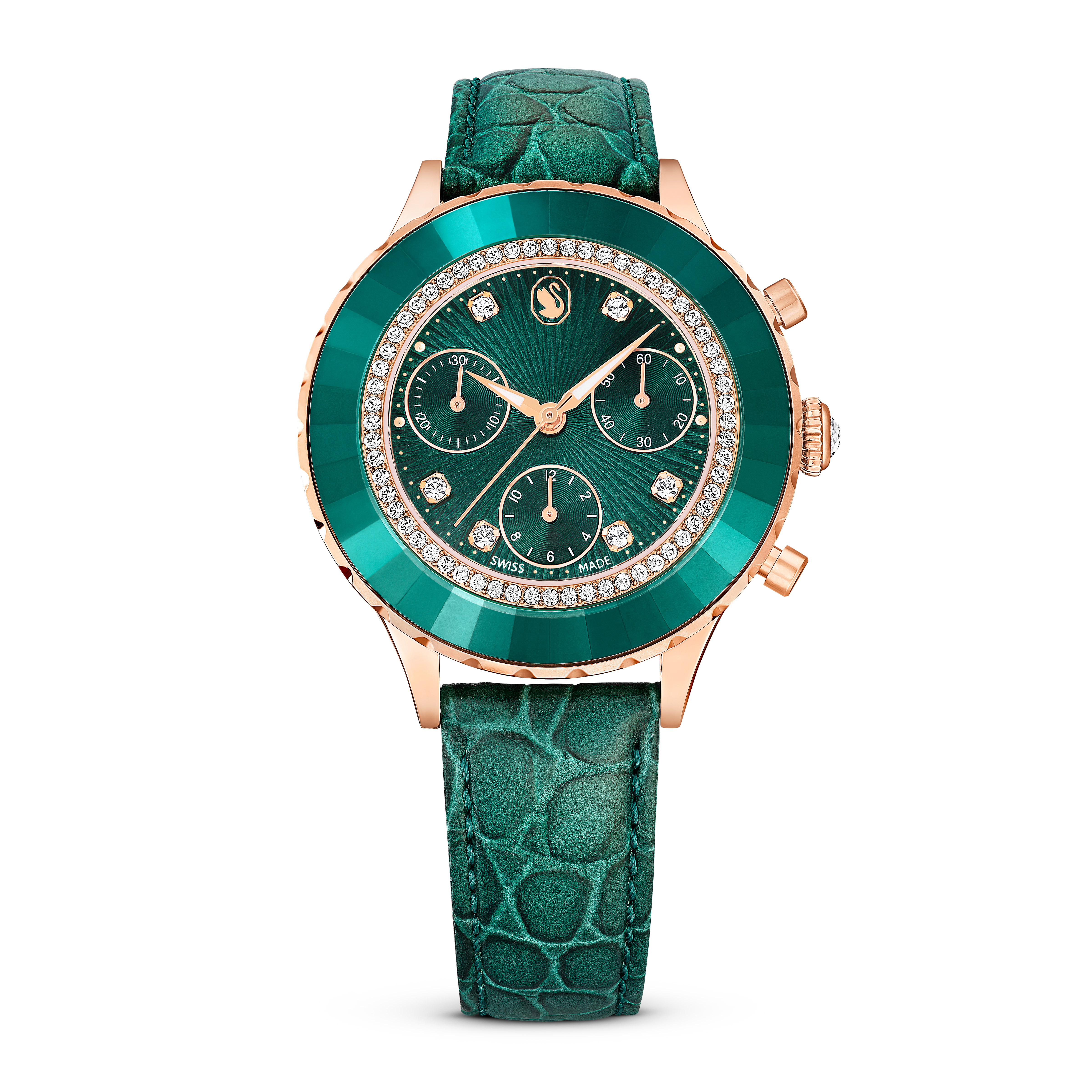 Swarovski Octea chrono watch, Swiss Made, Leather strap, Green, Rose gold-tone finish 5672931