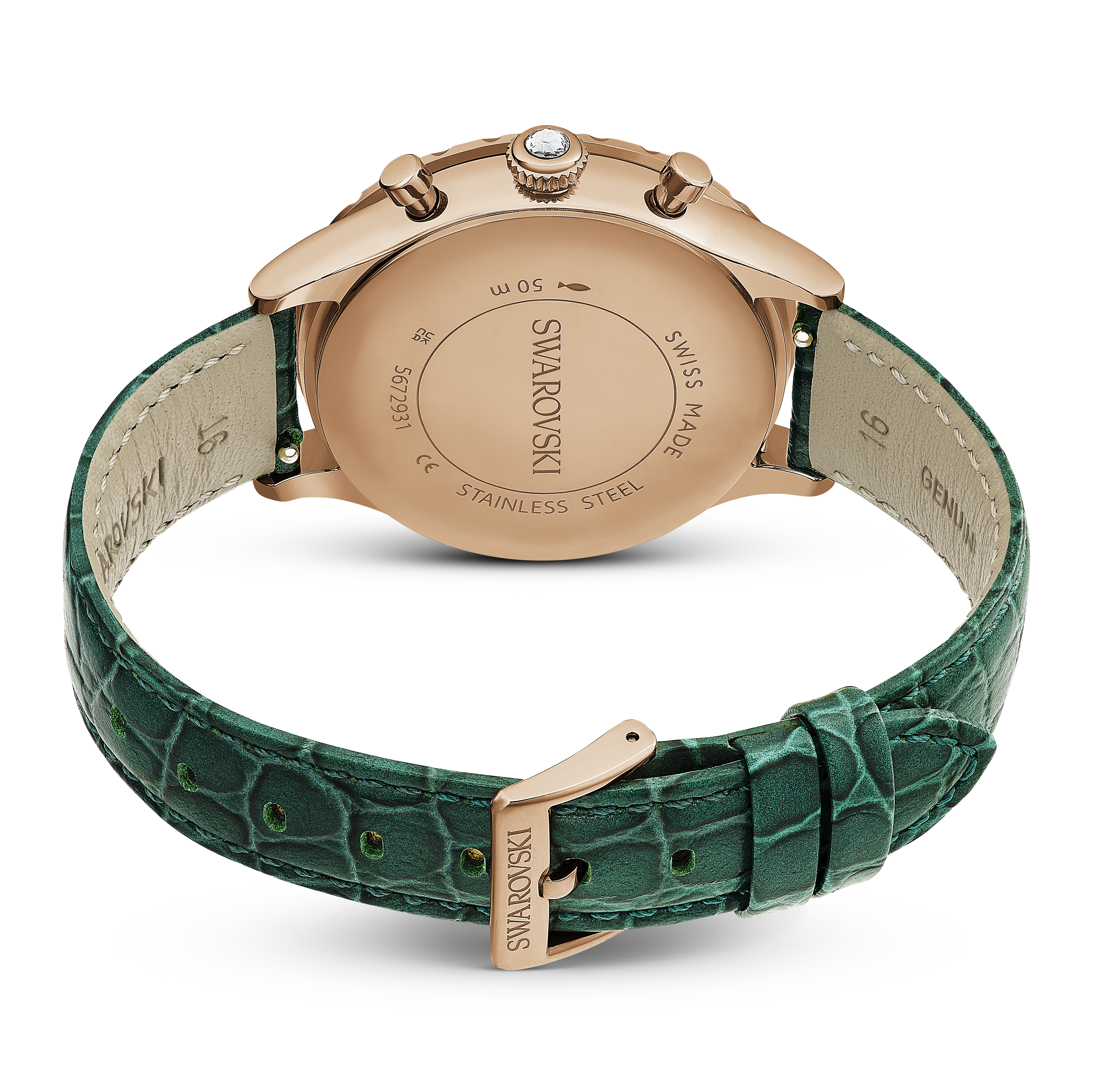 Swarovski Octea chrono watch, Swiss Made, Leather strap, Green, Rose gold-tone finish 5672931