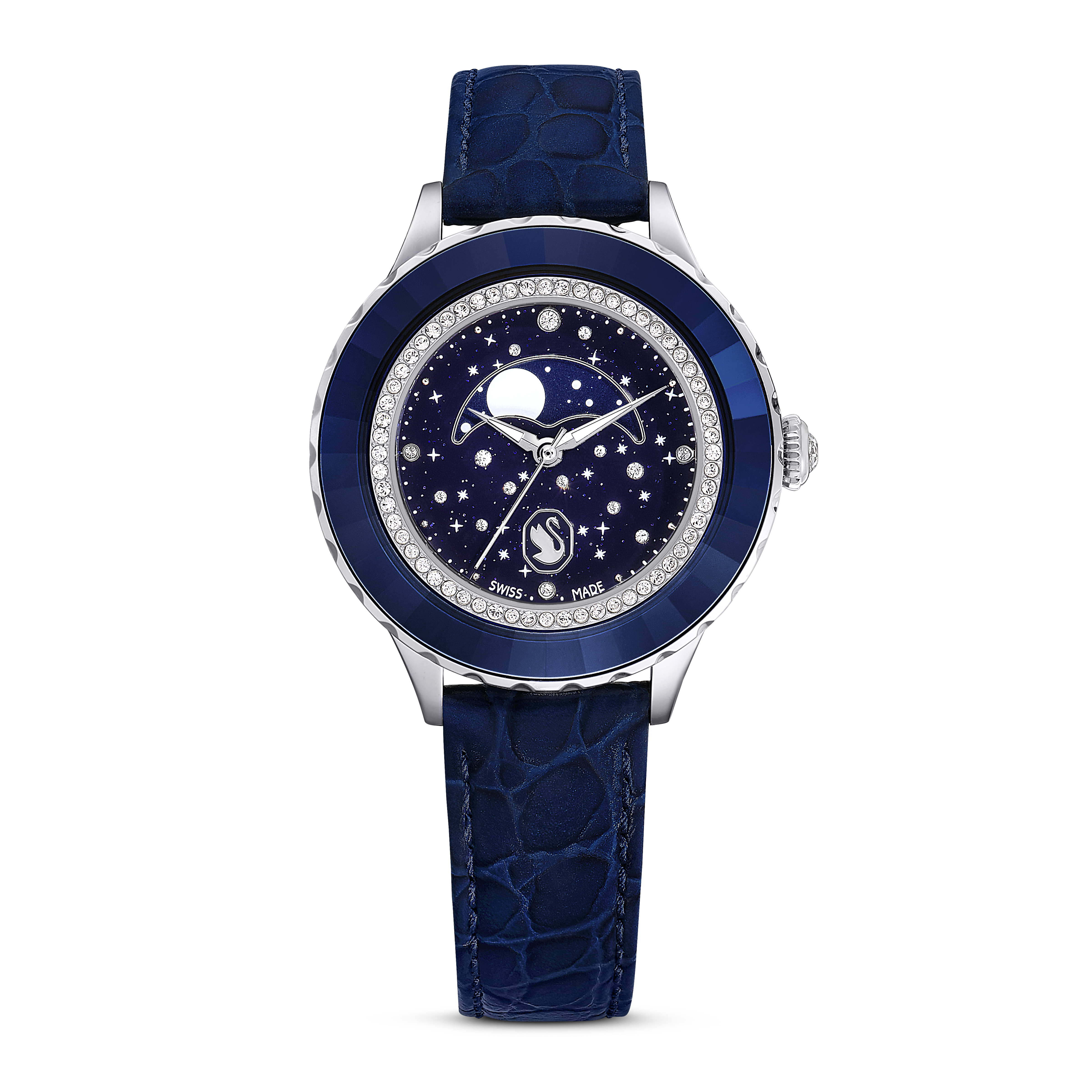 Swarovski Octea moon watch, Swiss Made, Moon, Leather strap, Blue, Stainless steel 5677494