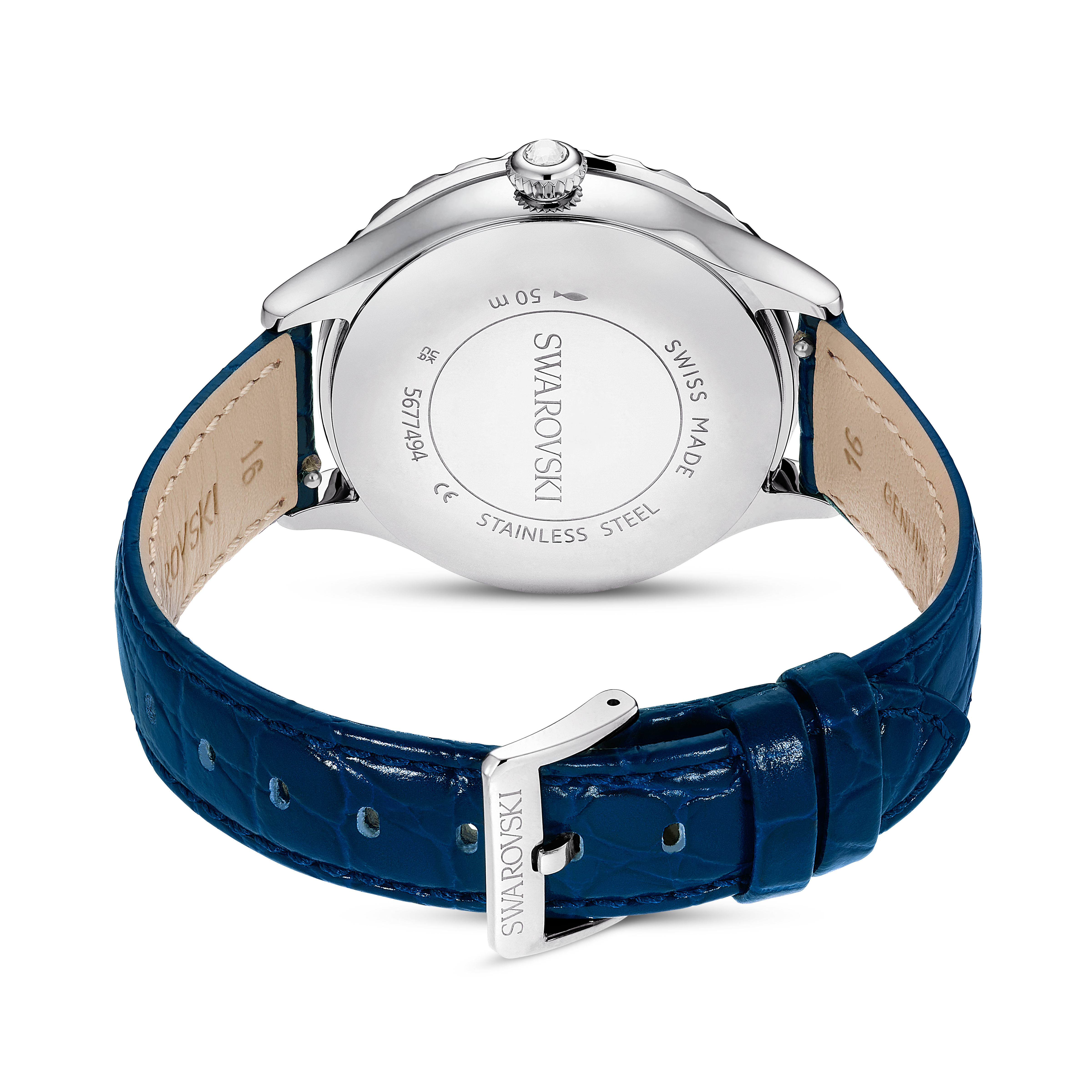 Swarovski Octea moon watch, Swiss Made, Moon, Leather strap, Blue, Stainless steel 5677494