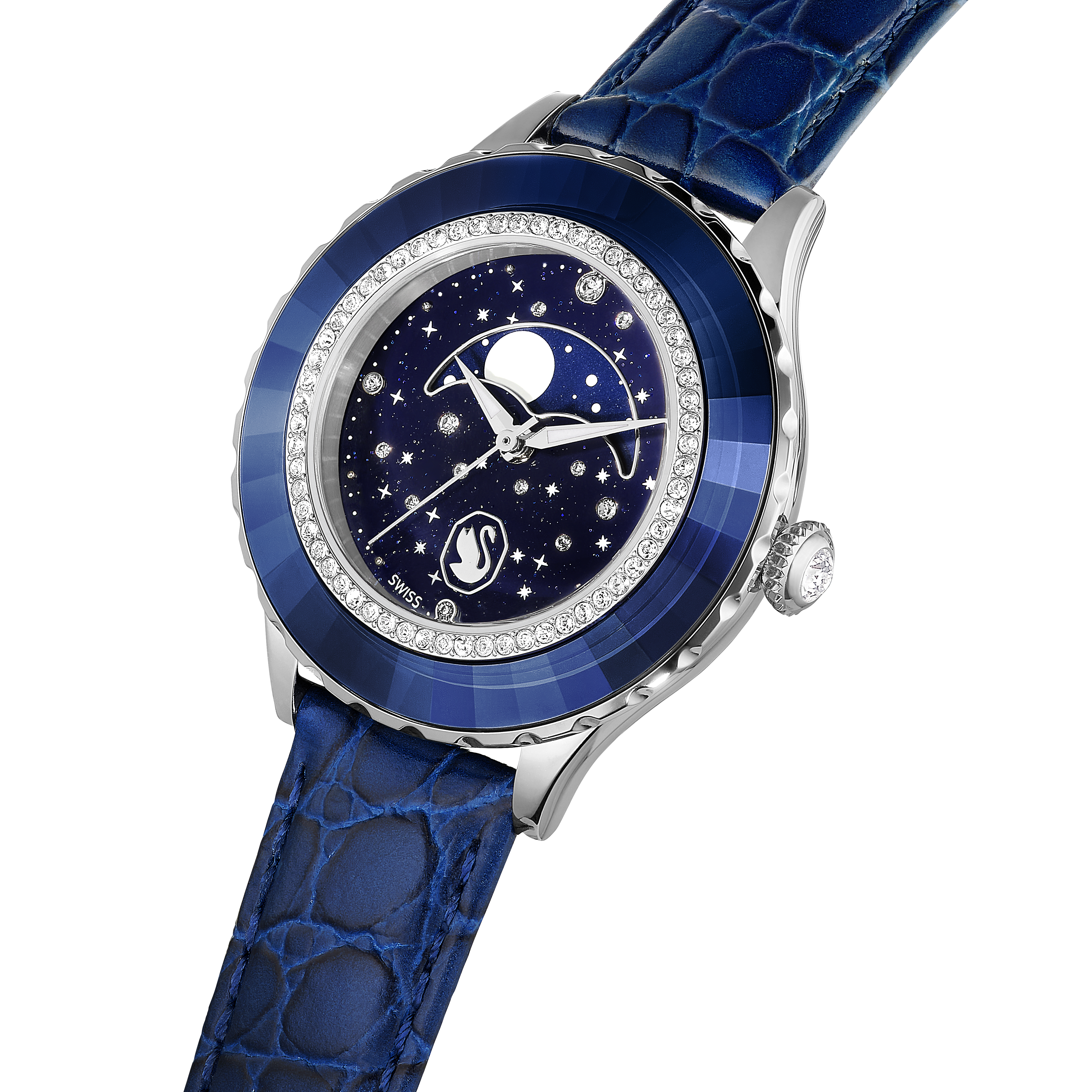 Swarovski Octea moon watch, Swiss Made, Moon, Leather strap, Blue, Stainless steel 5677494