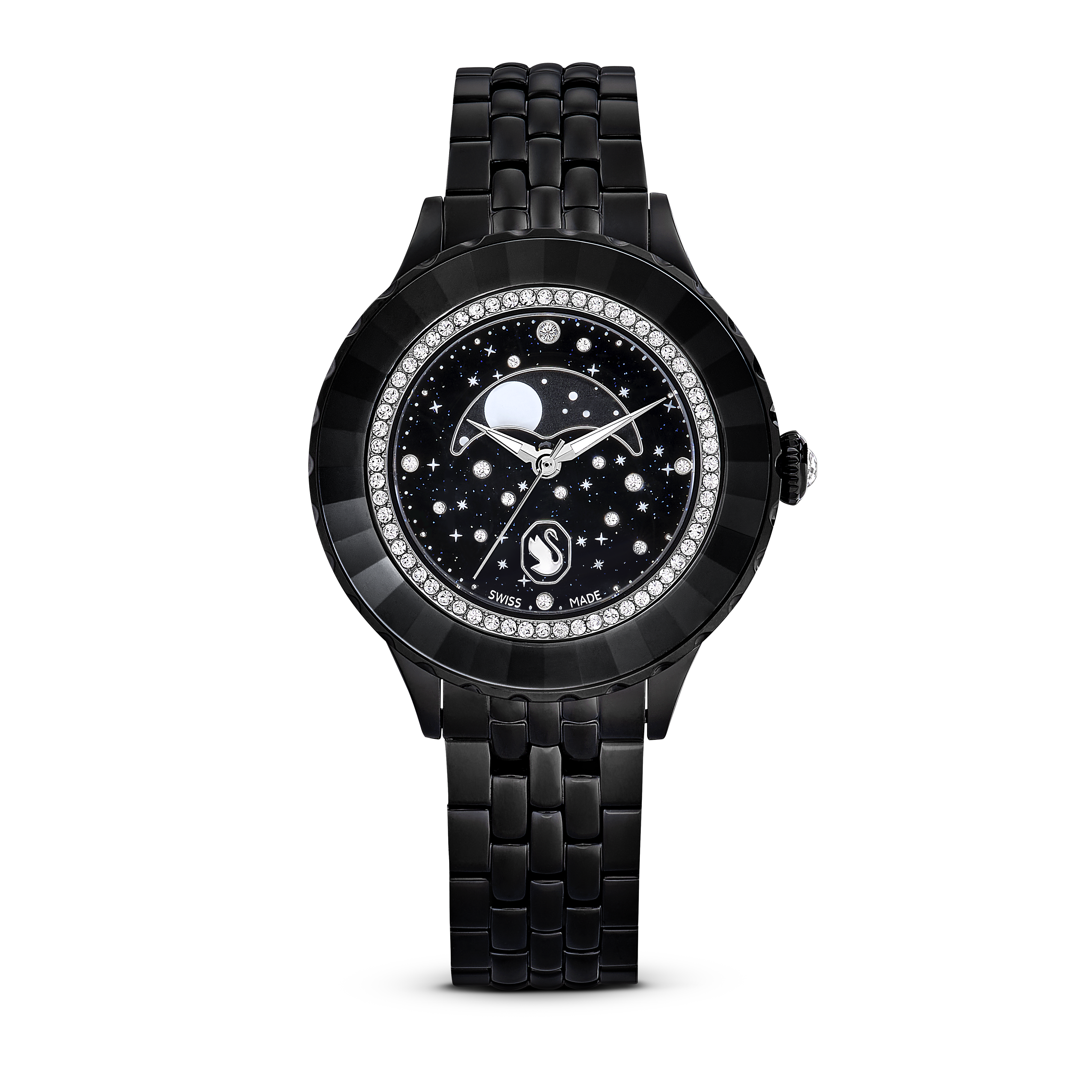 Swarovski Octea moon watch, Swiss Made, Moon, Metal bracelet, Black, Black finish 5677497