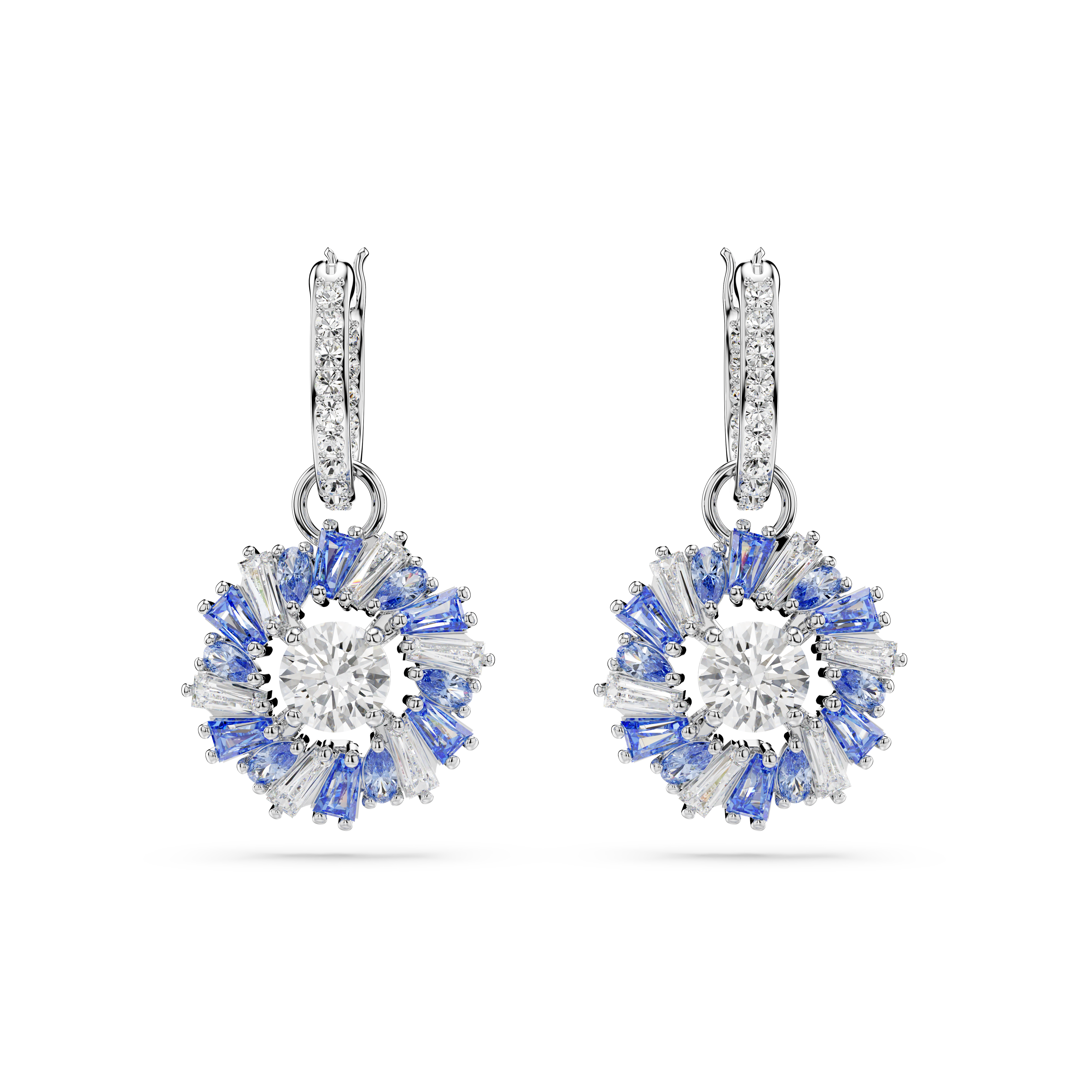 Swarovski Idyllia drop earrings, Mixed cuts, Flower, Blue, Rhodium plated 5680016