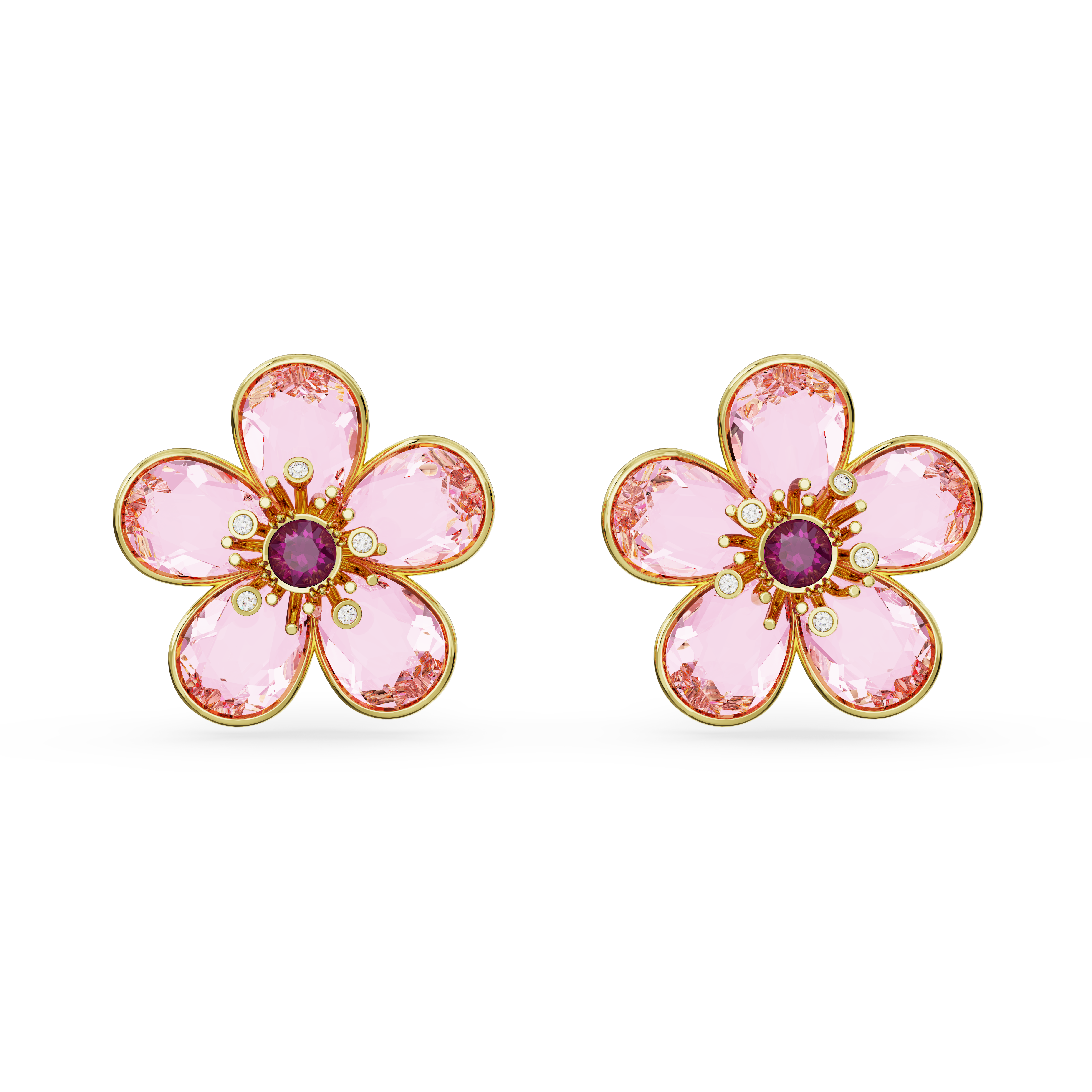 Swarovski Florere stud earrings, Flower, Pink, Gold-tone plated 5689691