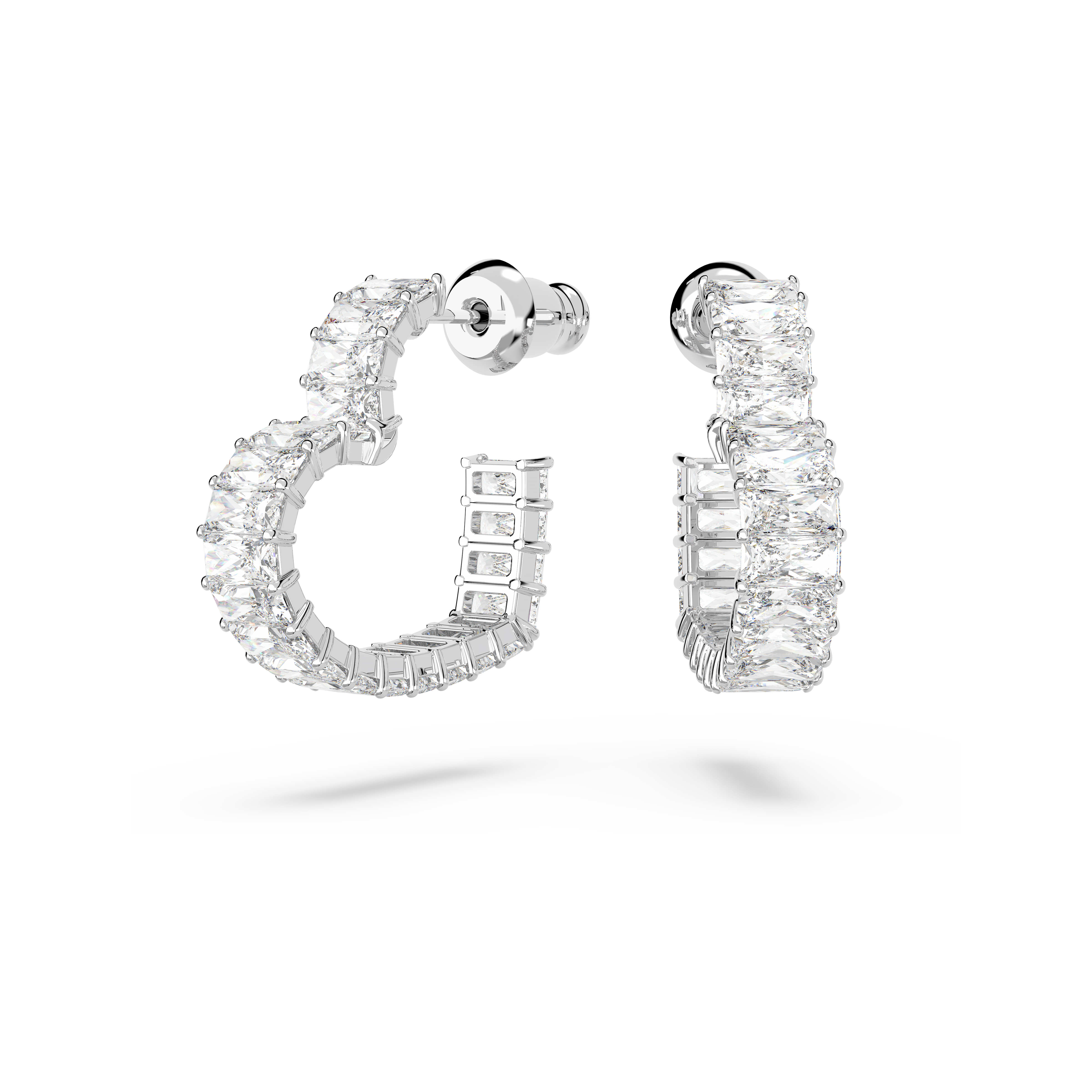 Swarovski Matrix hoop earrings, Baguette cut, Heart, Small, White, Rhodium plated 5689693