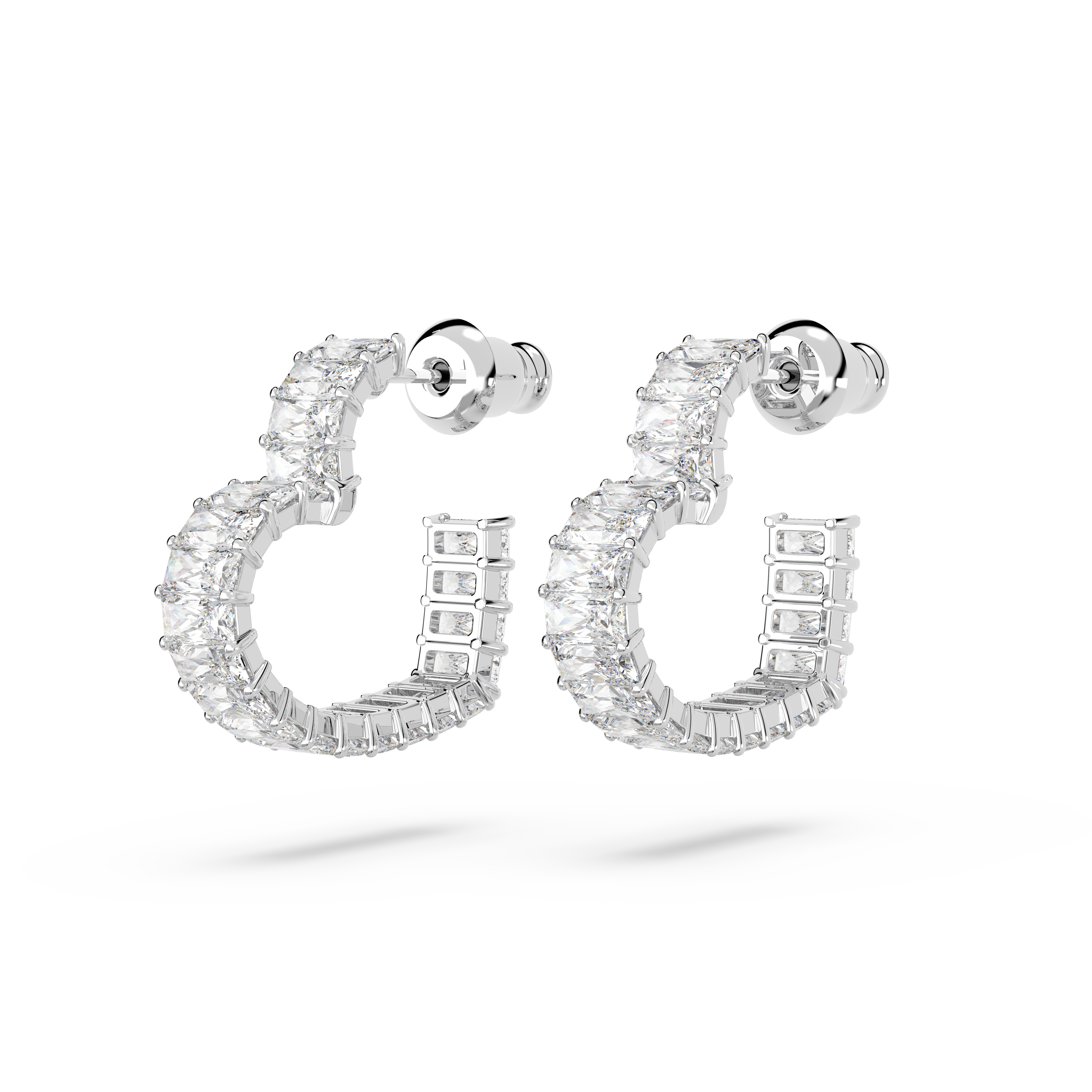 Swarovski Matrix hoop earrings, Baguette cut, Heart, Small, White, Rhodium plated 5689693
