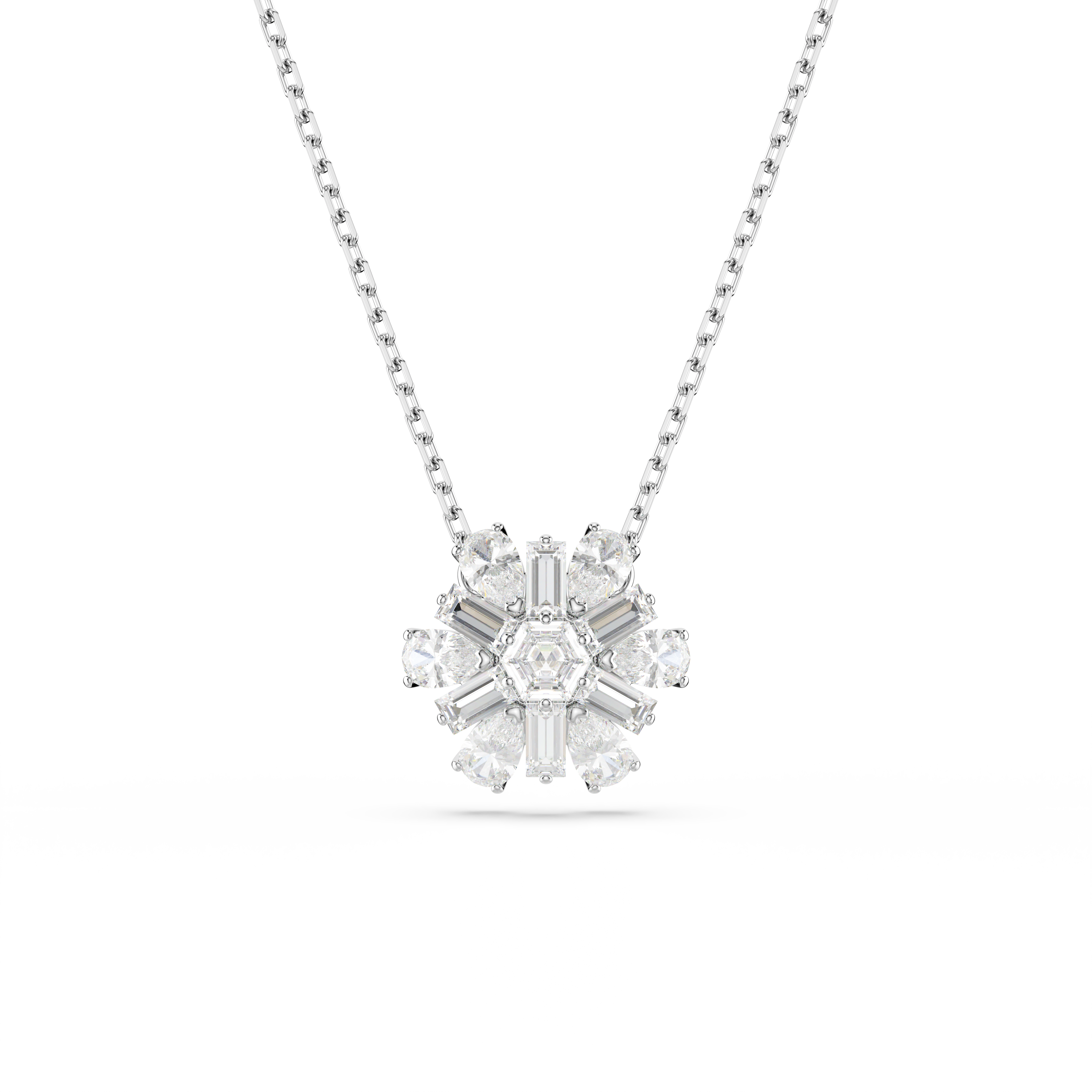 Swarovski Idyllia pendant, Mixed cuts, Snowflake, White, Rhodium plated 5691484