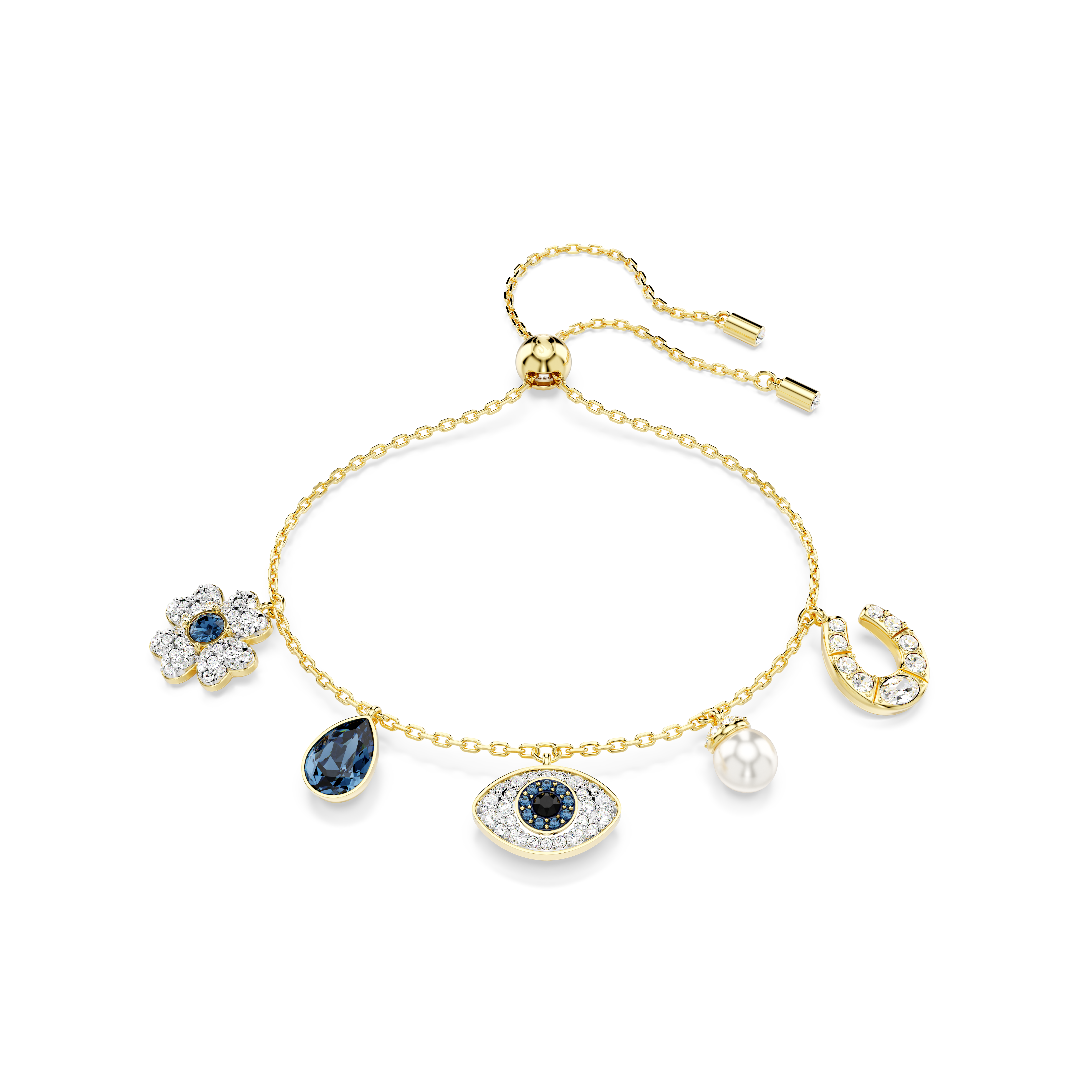 Swarovski Symbolica bracelet, Crystal pearl, Clover, evil eye and horseshoe, Blue, Gold-tone plated 5692162