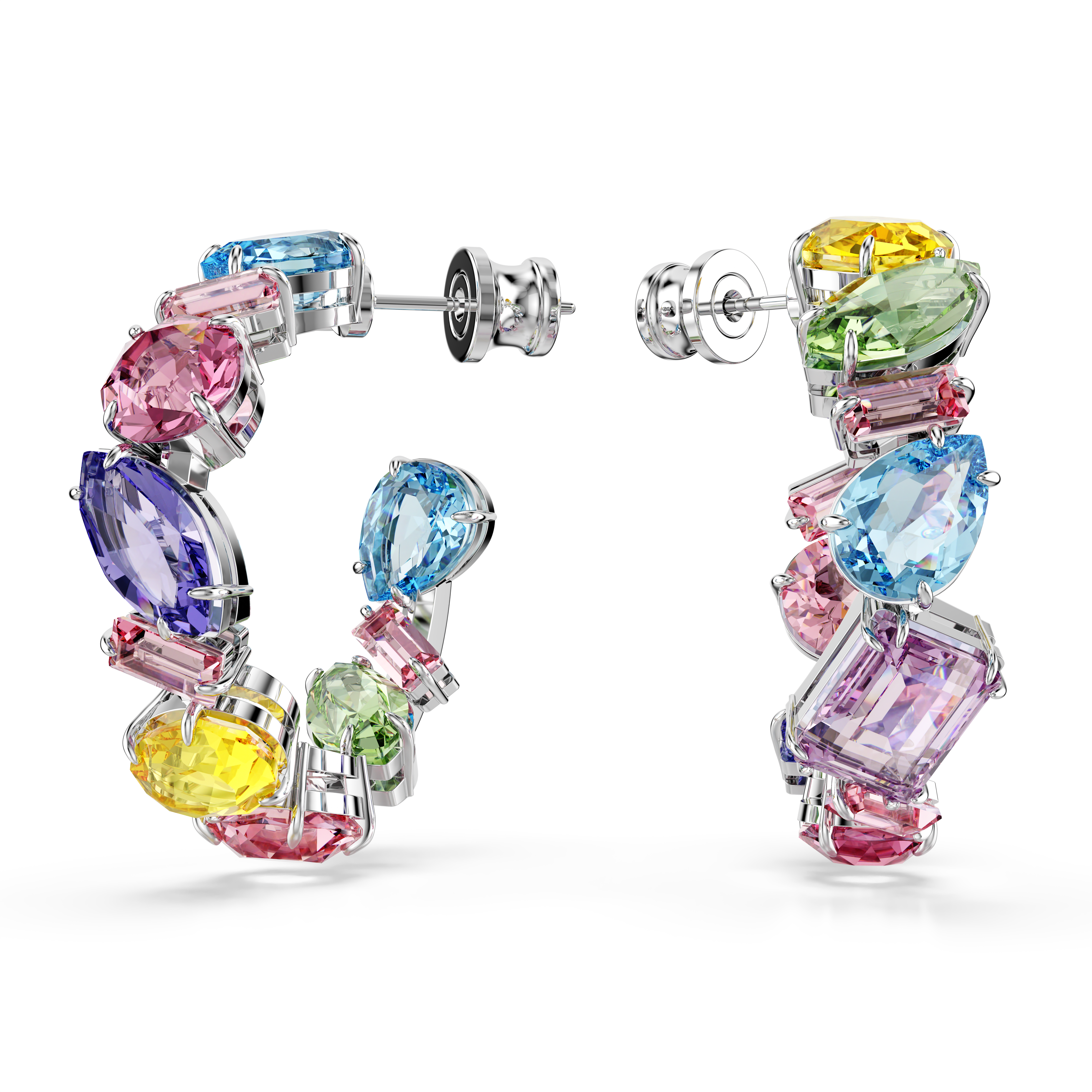 Swarovski Gema hoop earrings, Asymmetrical design, Mixed cuts, Small, Multicolored, Rhodium plated 5692412