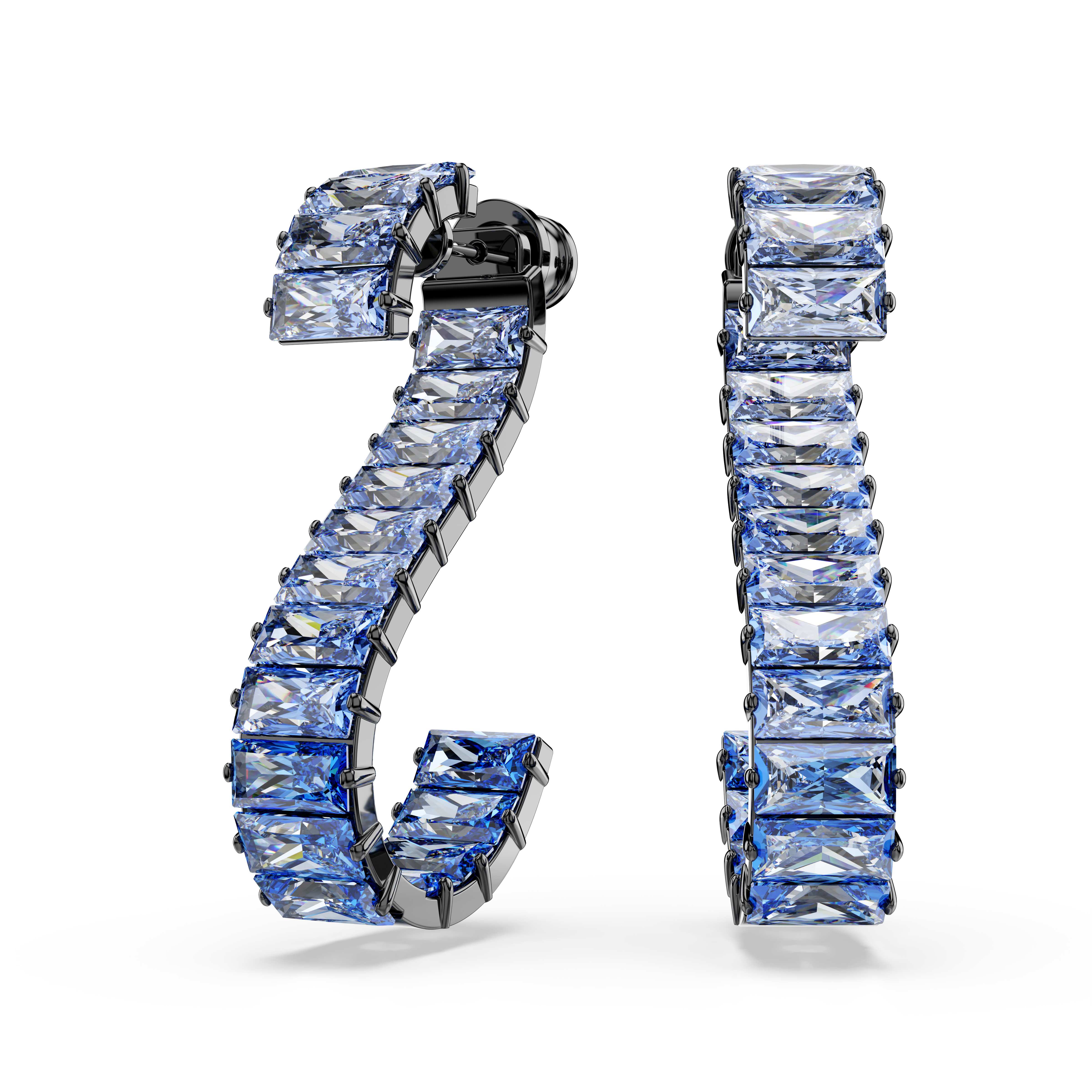 Swarovski Matrix drop earrings, Baguette cut, Blue, Ruthenium plated 5705780