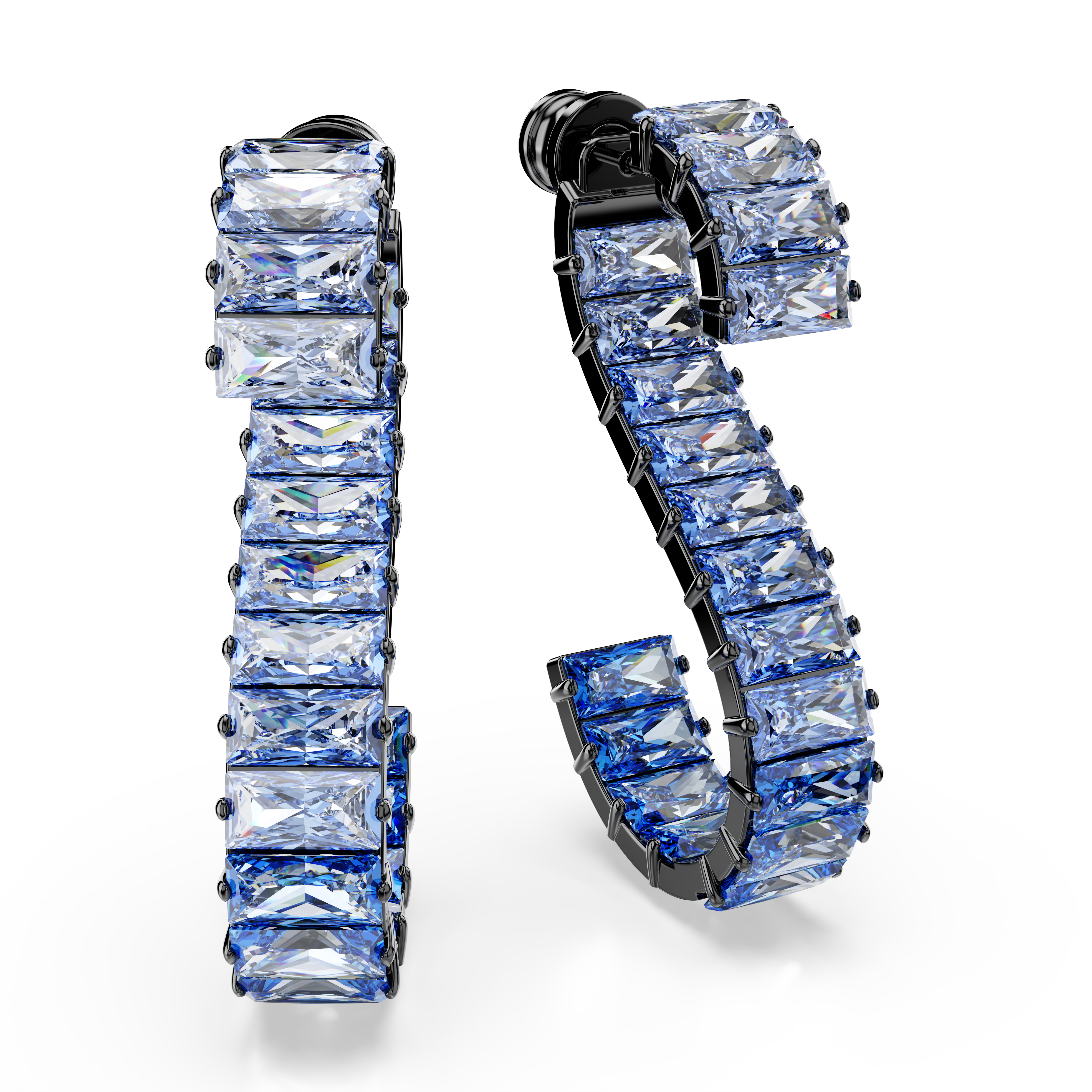 Swarovski Matrix drop earrings, Baguette cut, Blue, Ruthenium plated 5705780