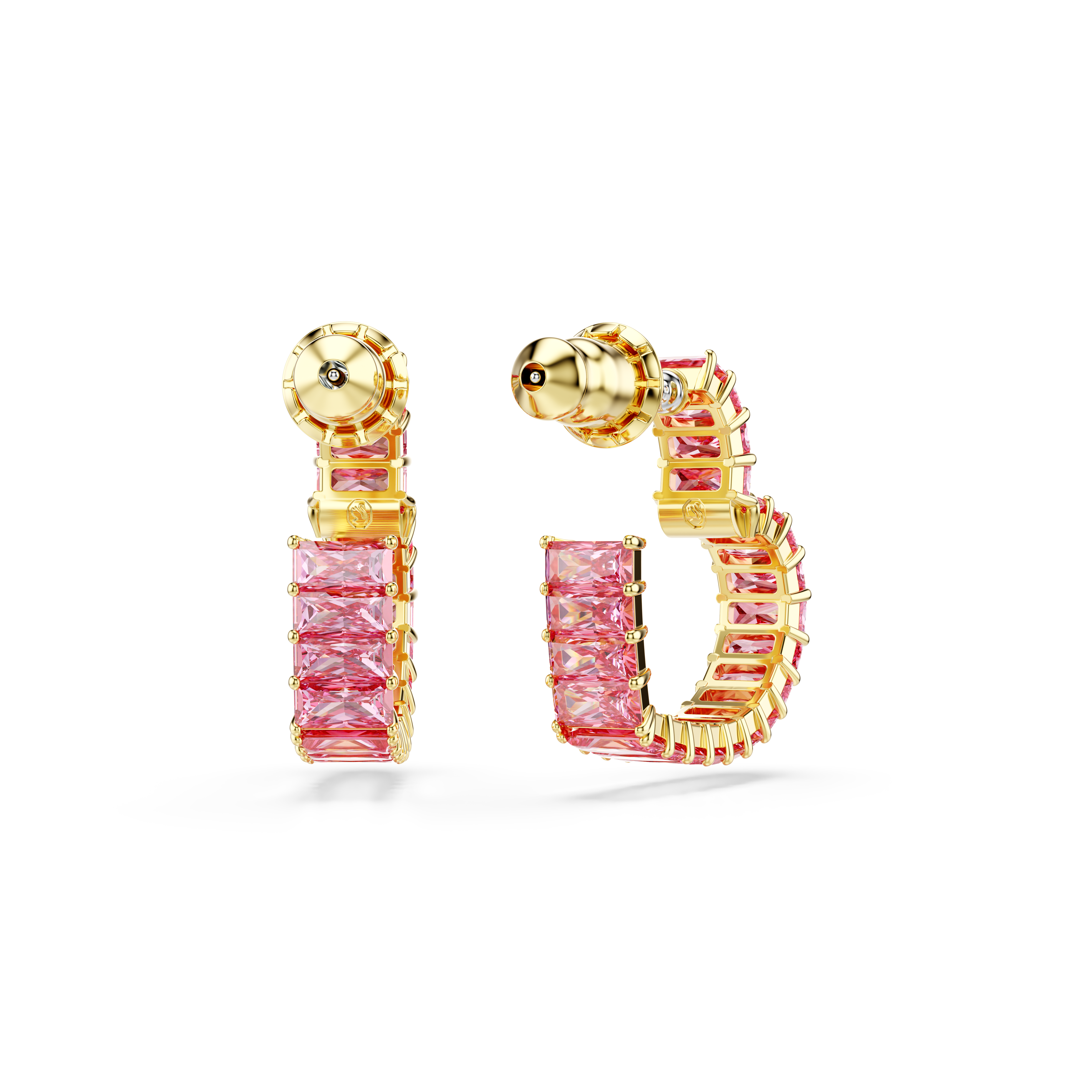 Swarovski Matrix hoop earrings, Baguette cut, Heart, Small, Pink, Gold-tone plated 5706340