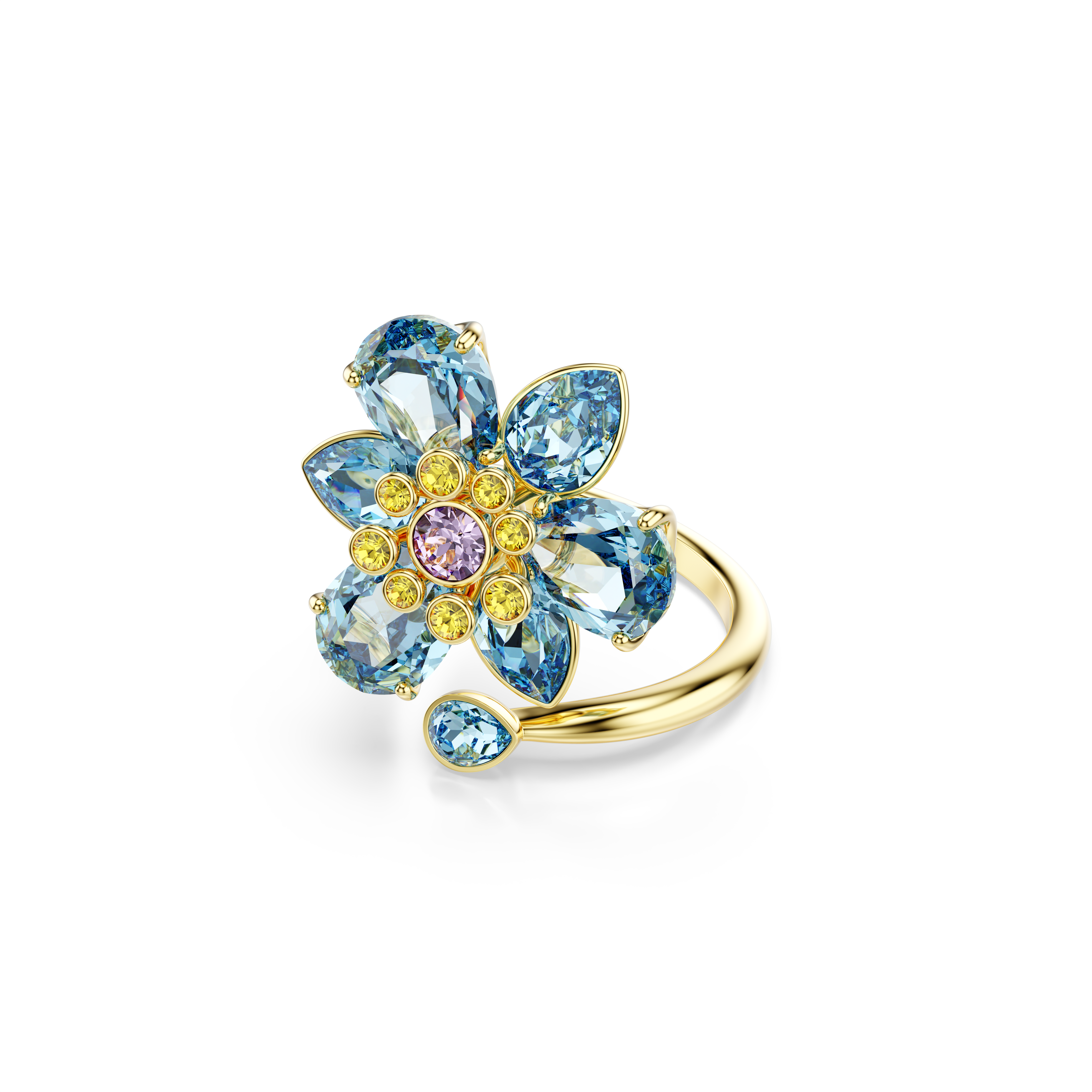 Swarovski Idyllia open ring, Mixed cuts, Flower, Blue, Gold-tone plated 5709031