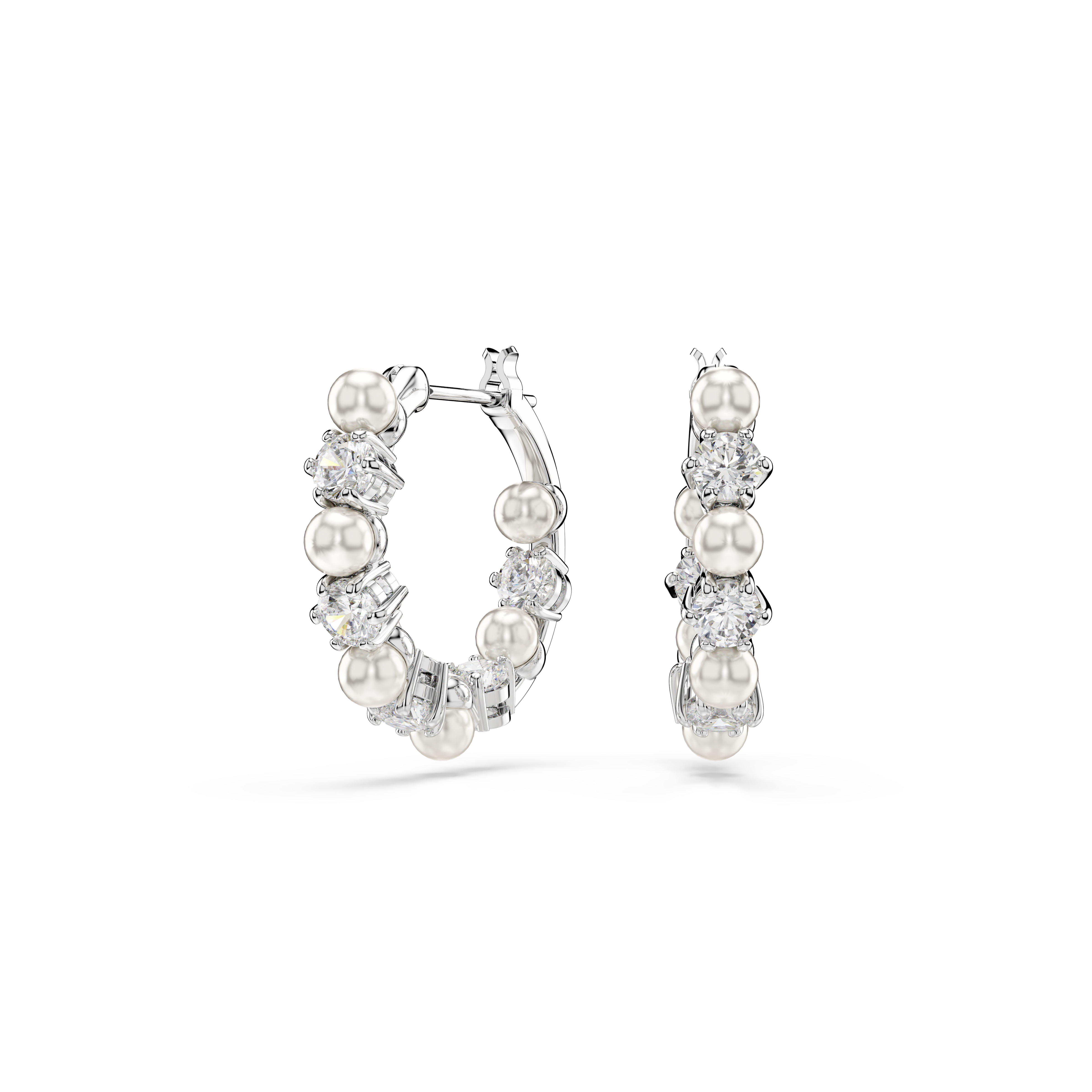 Swarovski Matrix hoop earrings, Crystal pearl, Round cut, White, Rhodium plated 5709256
