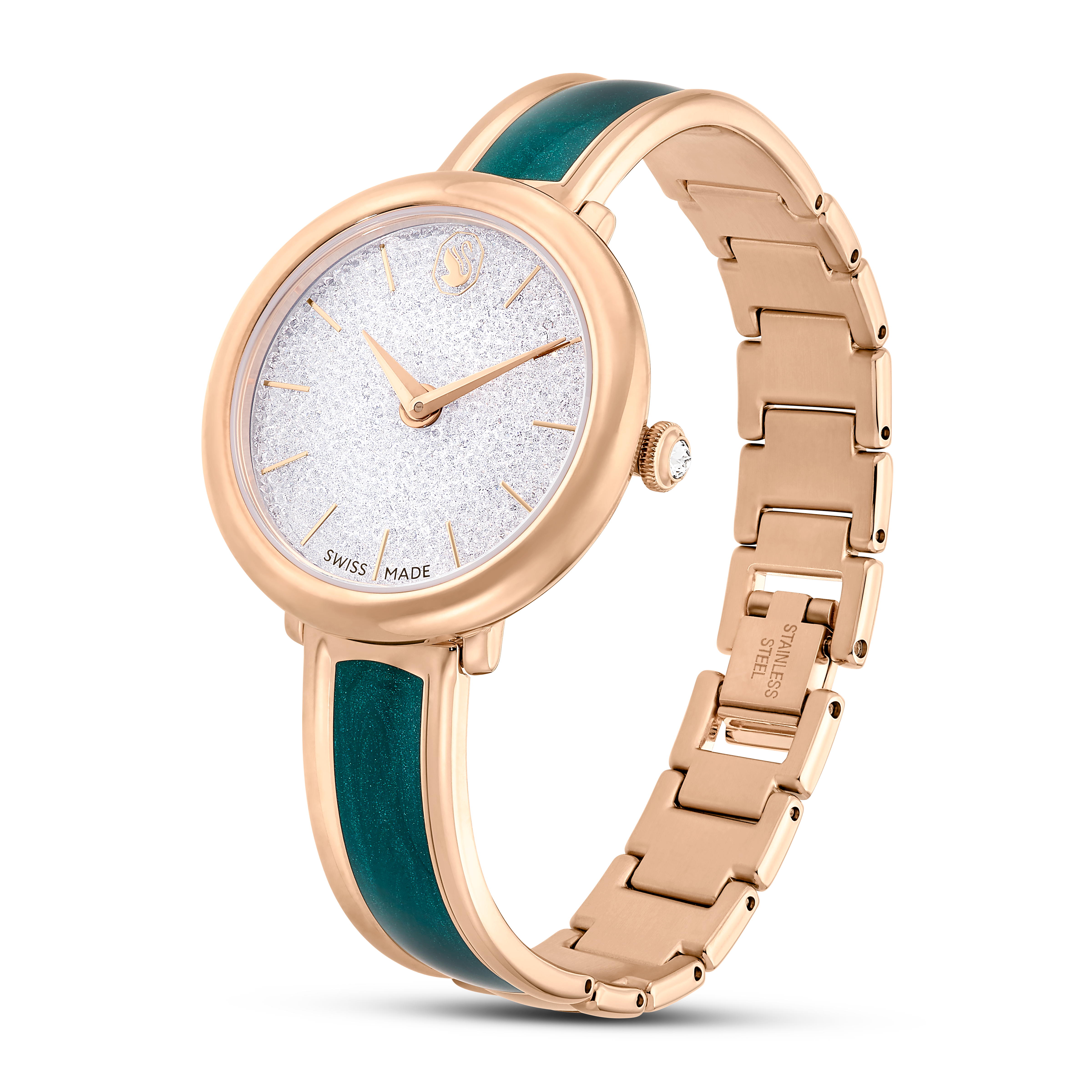 Swarovski Crystalline bangle watch, Swiss Made, Metal bracelet, Green, Rose gold-tone finish 5709816