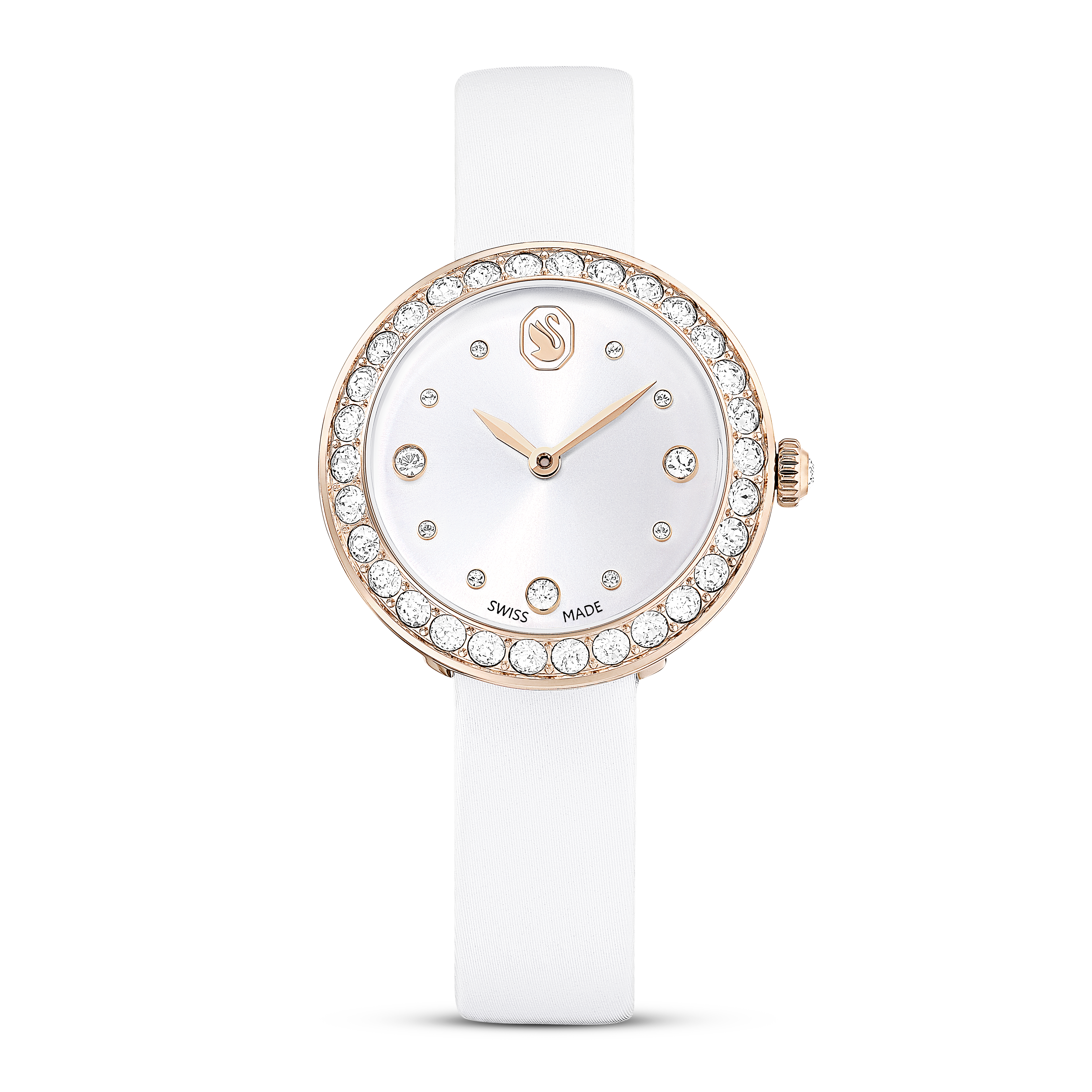 Swarovski Matrix tennis watch, Swiss Made, Leather strap, White, Champagne gold-tone finish 5710103