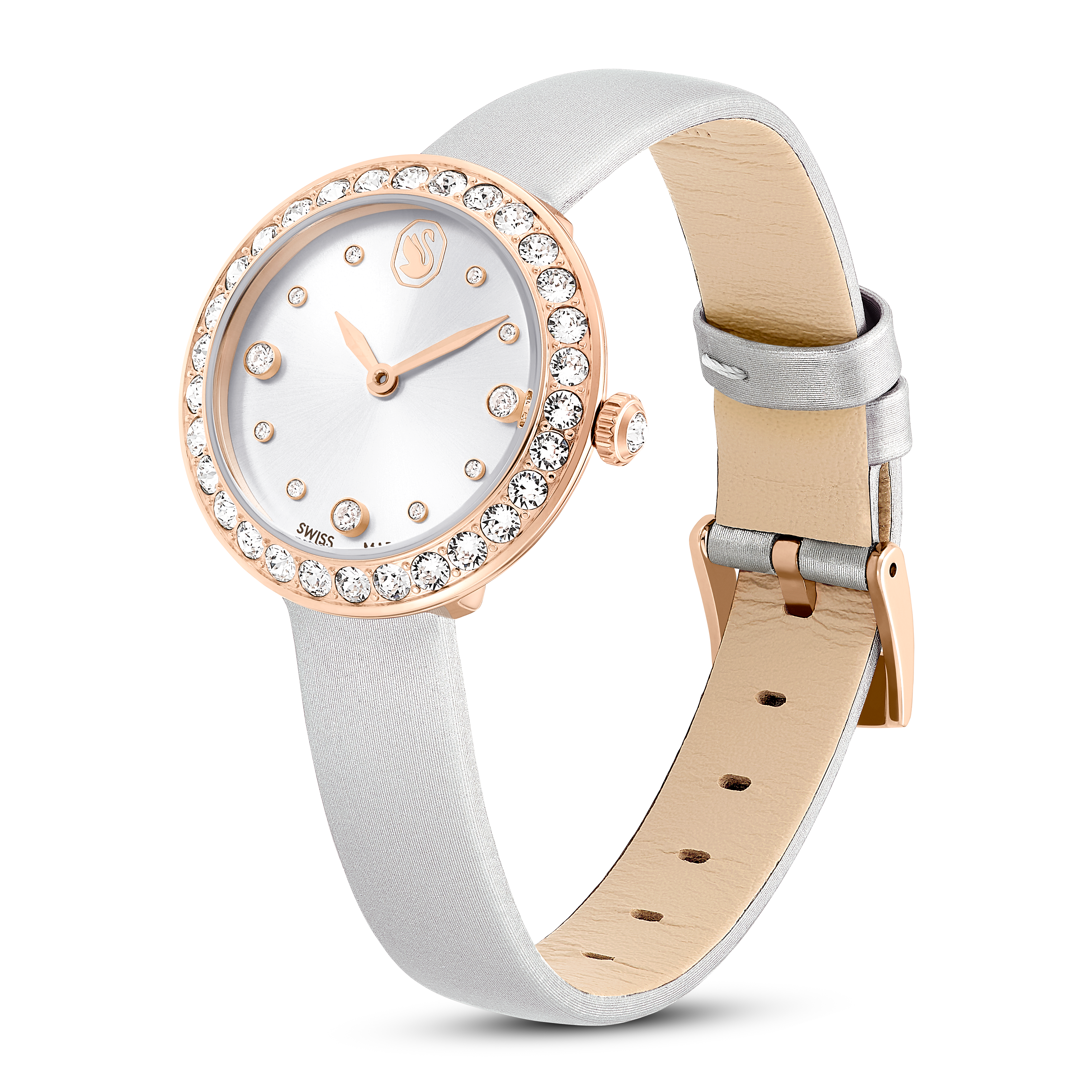 Swarovski Matrix tennis watch, Swiss Made, Leather strap, Gray, Rose gold-tone finish 5710105