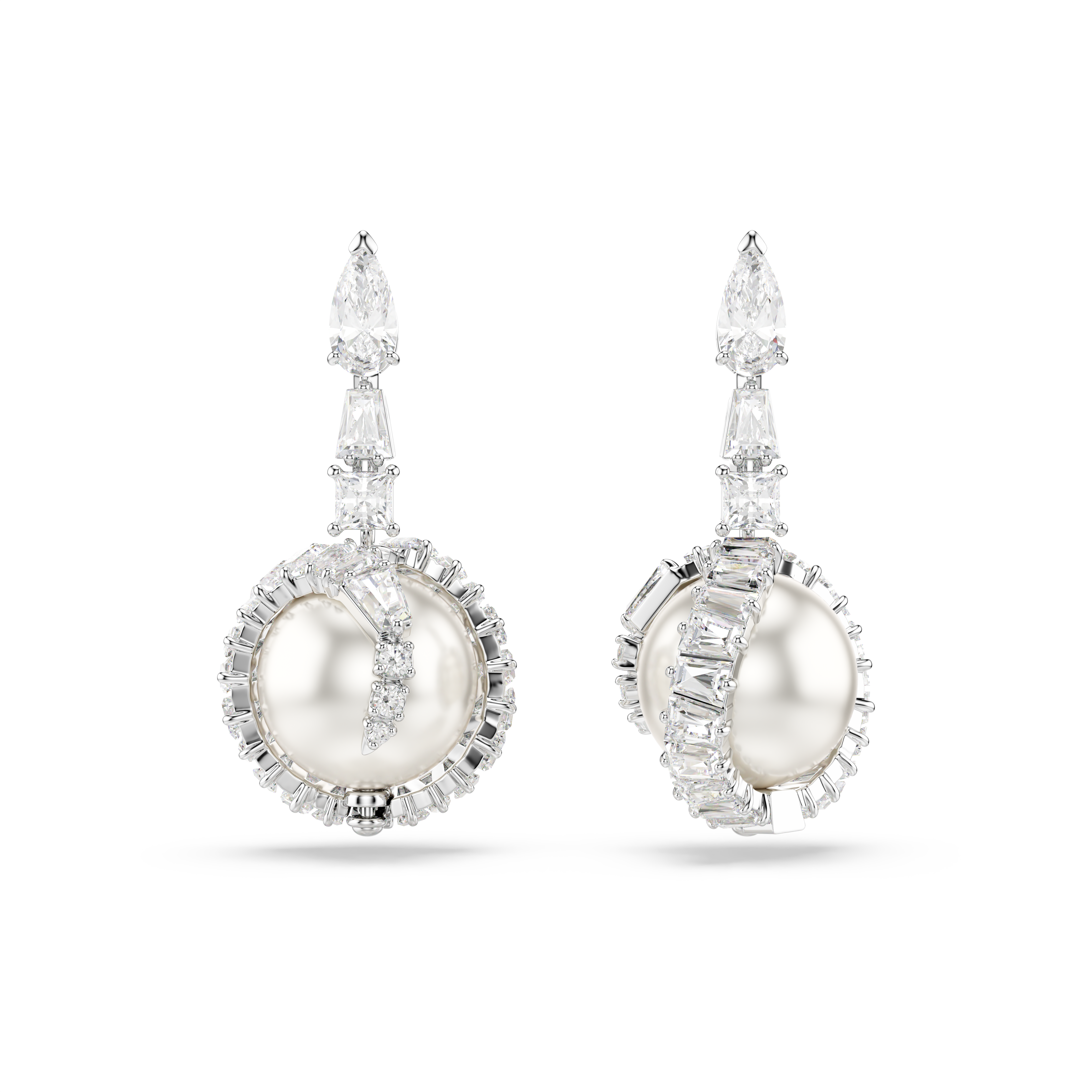 Swarovski Snake drop earrings, Crystal pearl, Mixed cuts, Year of the Snake, White, Rhodium plated 5714668