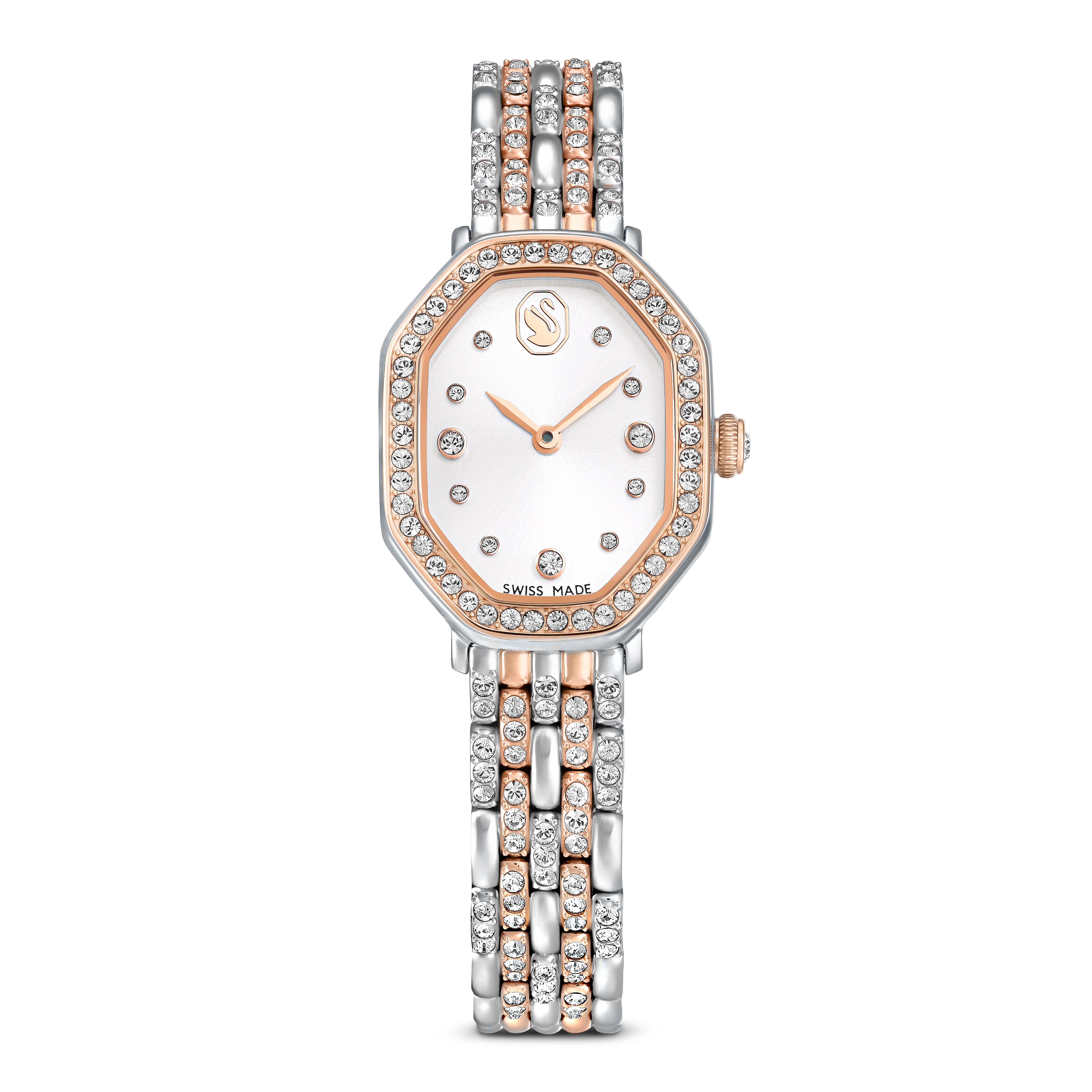Swarovski Dextera octagon watch, Swiss Made, Metal bracelet, Silver tone, Rose gold-tone finish 5715521