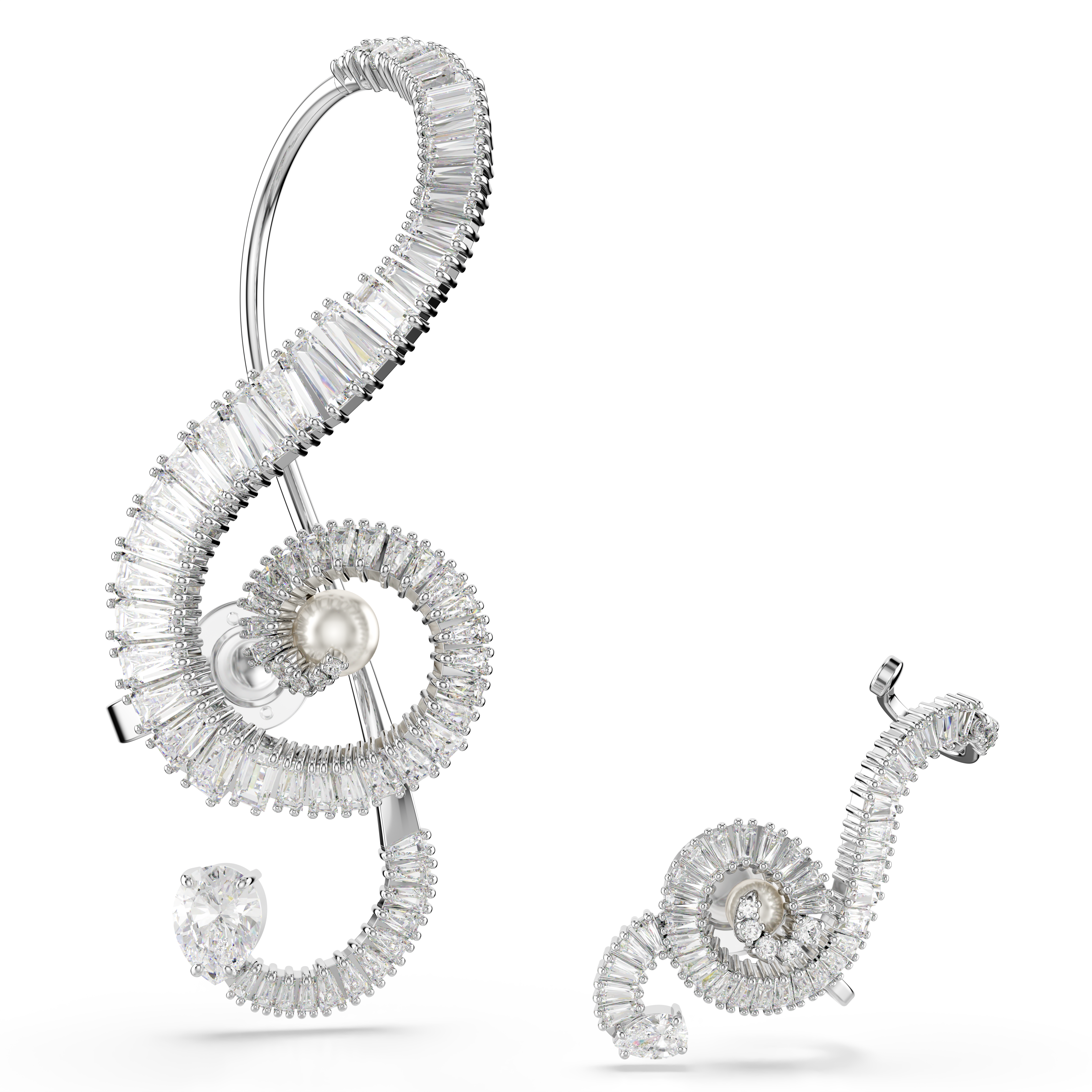 Swarovski Ariana Grande x Swarovski clip earrings, Asymmetrical design, Crystal pearl, Baguette cut, White, Rhodium plated 5720866