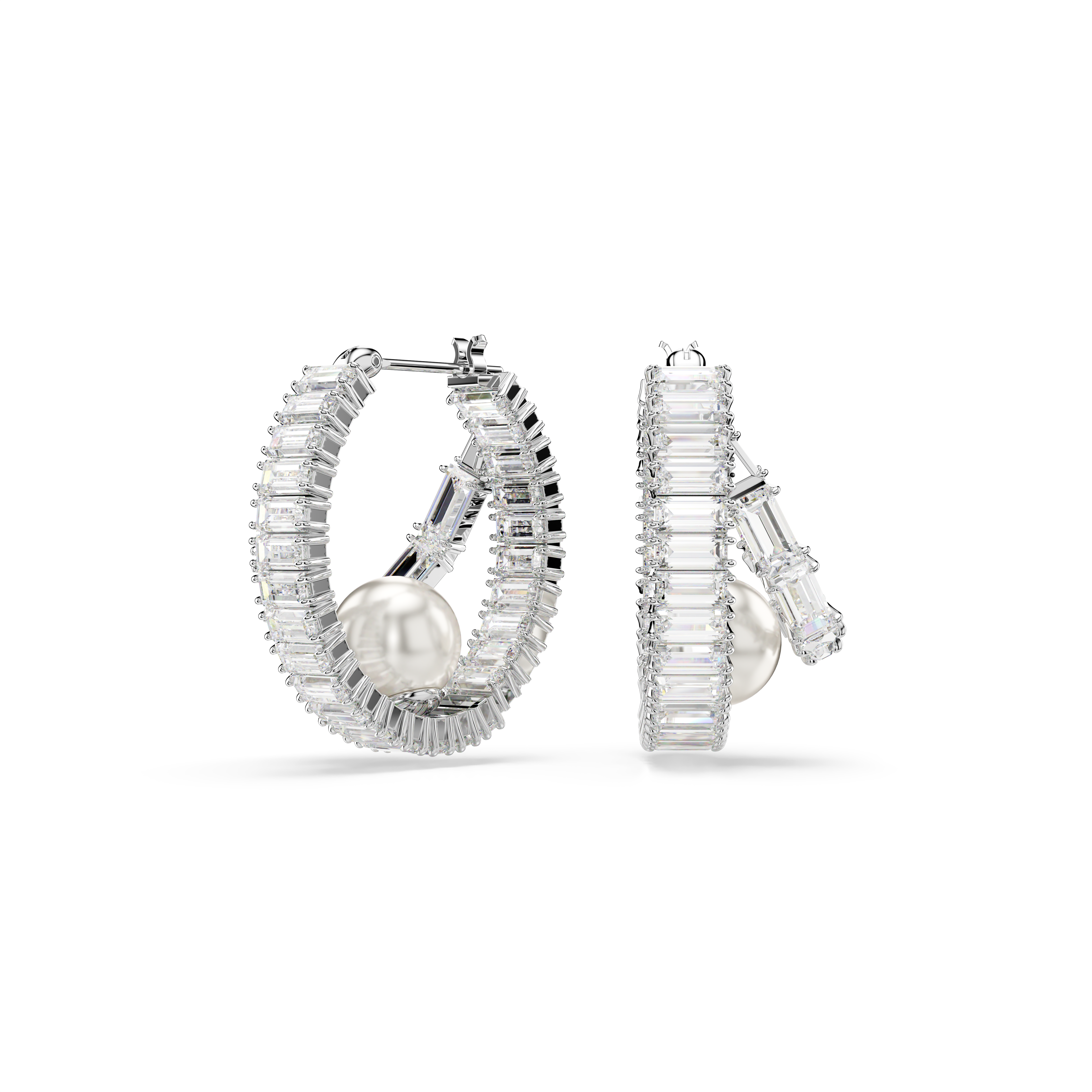 Swarovski Ariana Grande x Swarovski hoop earrings, Crystal pearl, Baguette cut, White, Rhodium plated 5720868