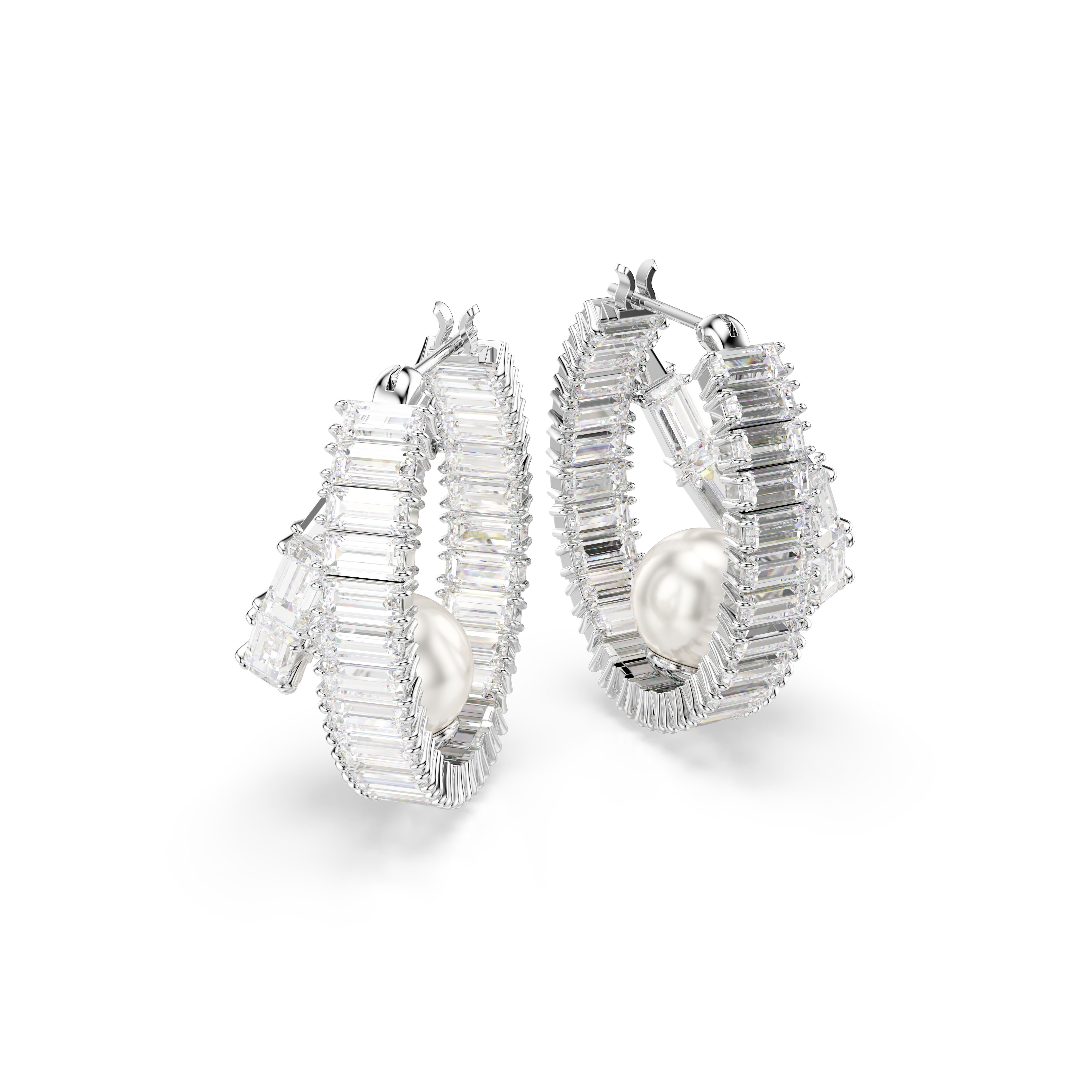 Swarovski Ariana Grande x Swarovski hoop earrings, Crystal pearl, Baguette cut, White, Rhodium plated 5720868