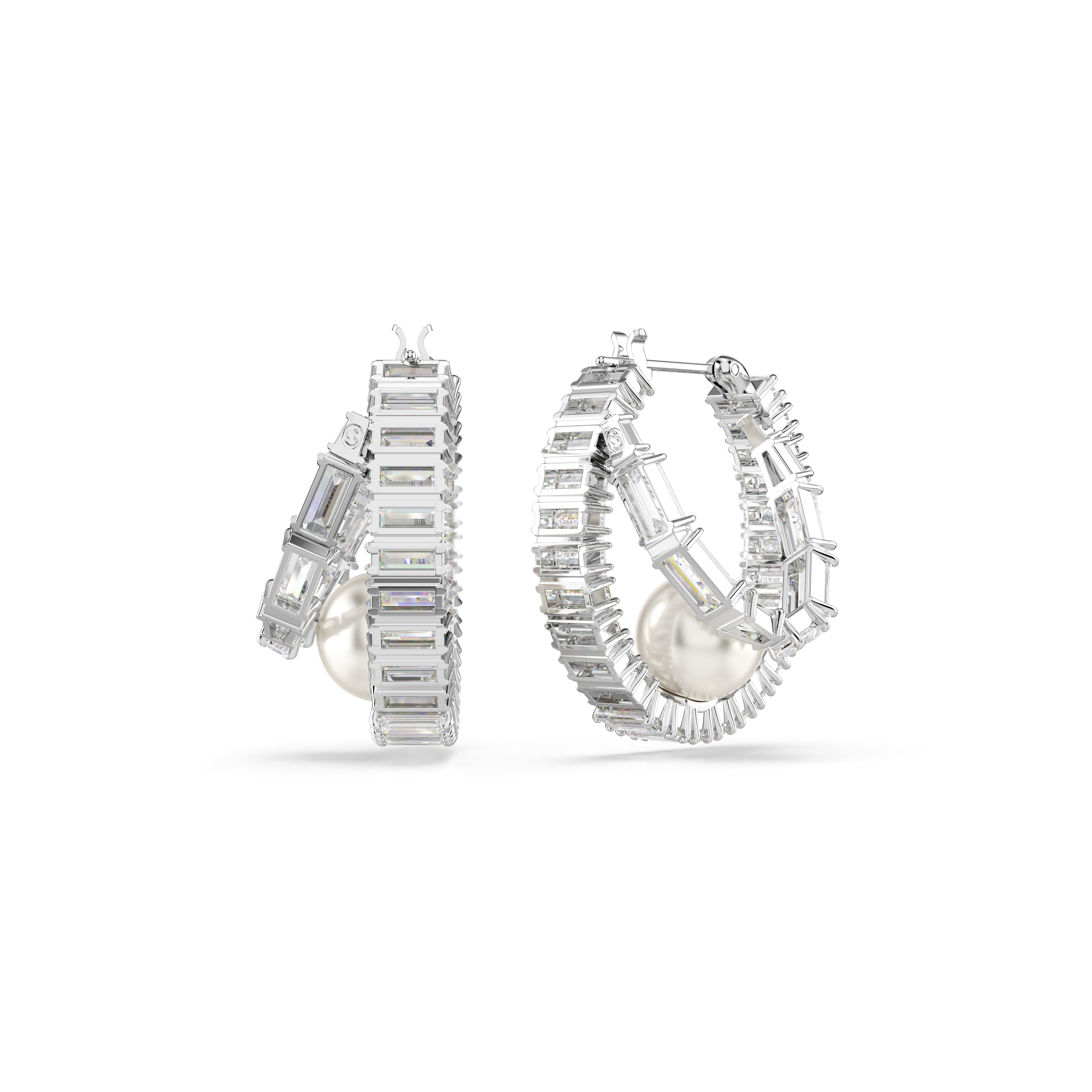 Swarovski Ariana Grande x Swarovski hoop earrings, Crystal pearl, Baguette cut, White, Rhodium plated 5720868