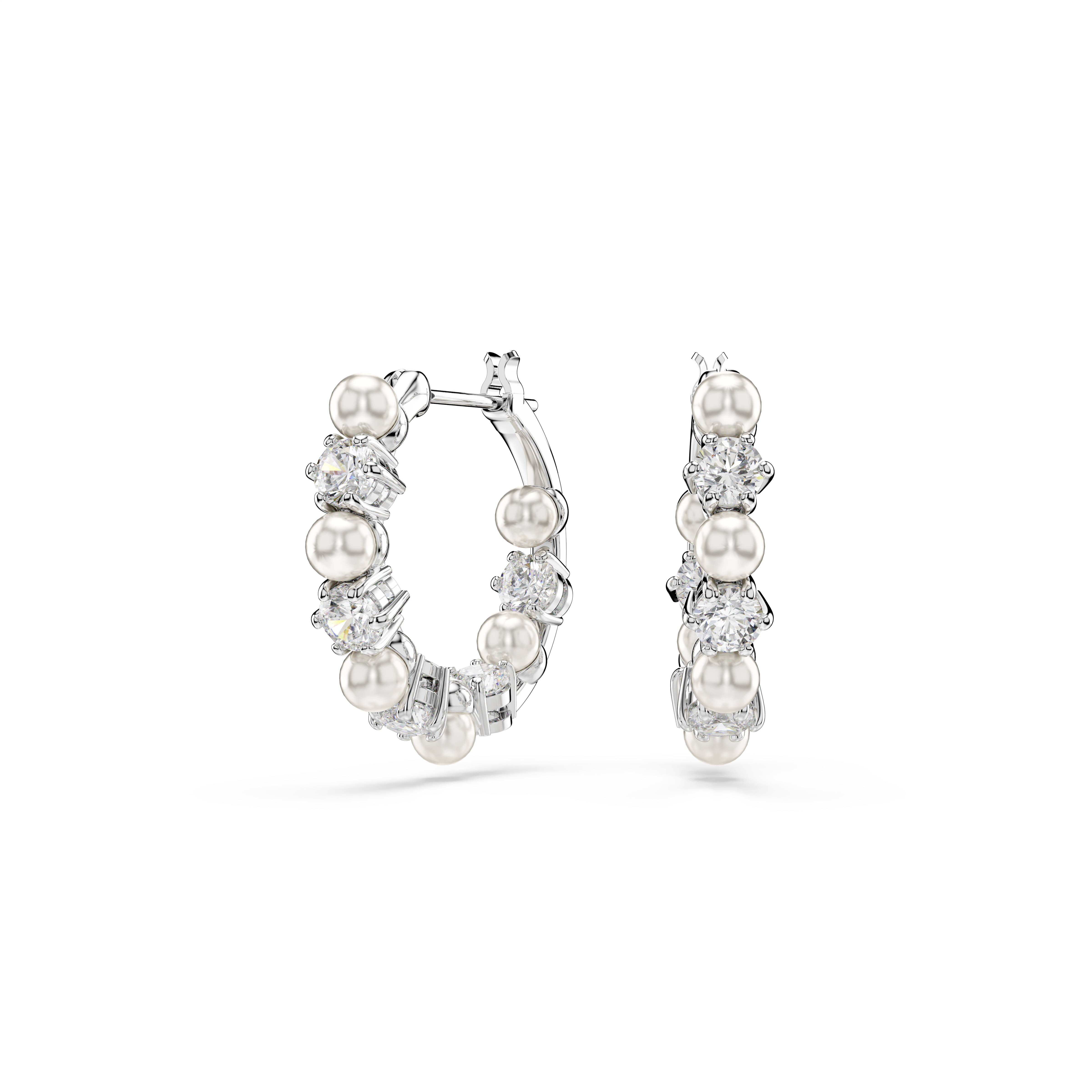 Swarovski Matrix hoop earrings, Crystal pearl, Round cut, White, Rhodium plated 5720885