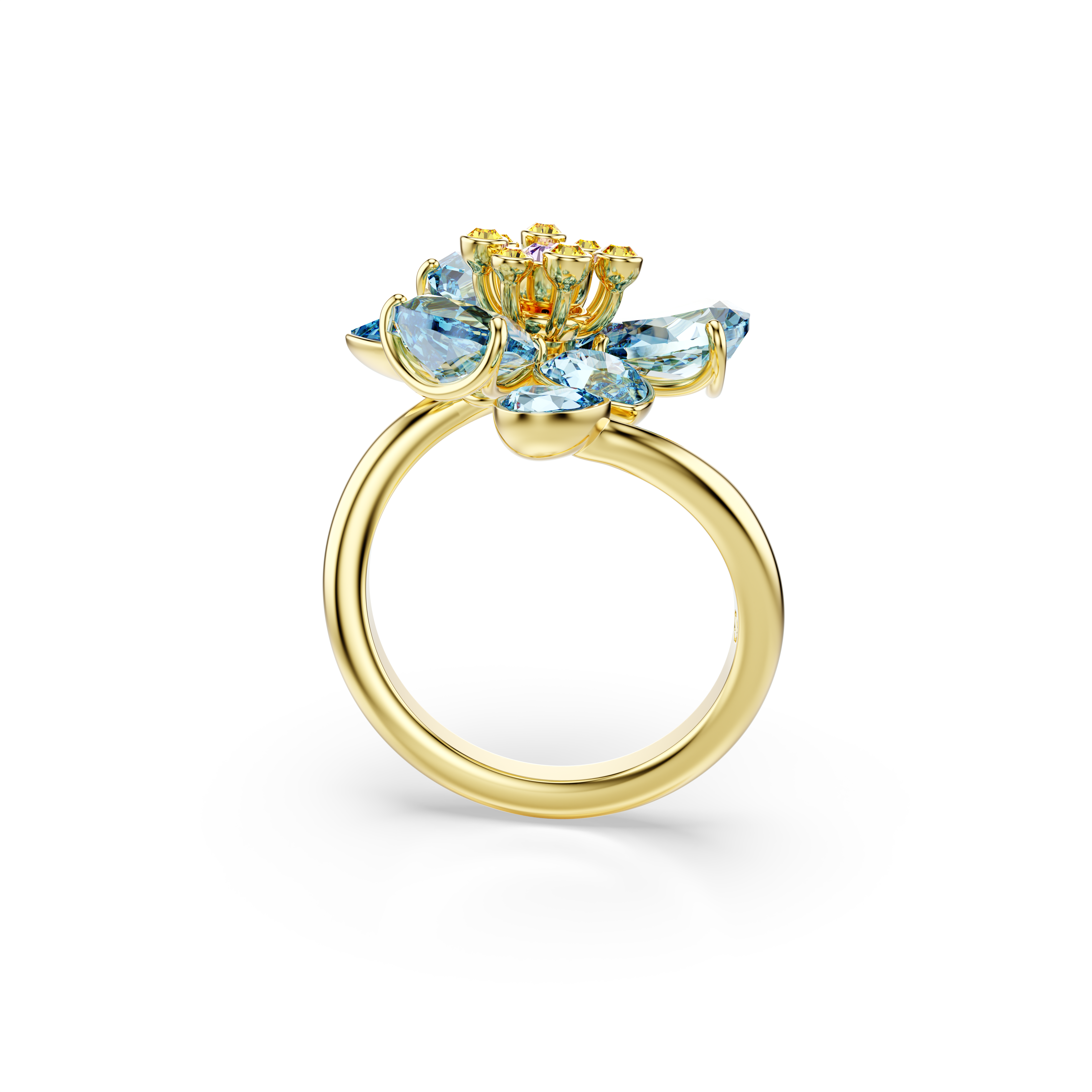 Swarovski Idyllia open ring, Mixed cuts, Flower, Blue, Gold-tone plated 5721591
