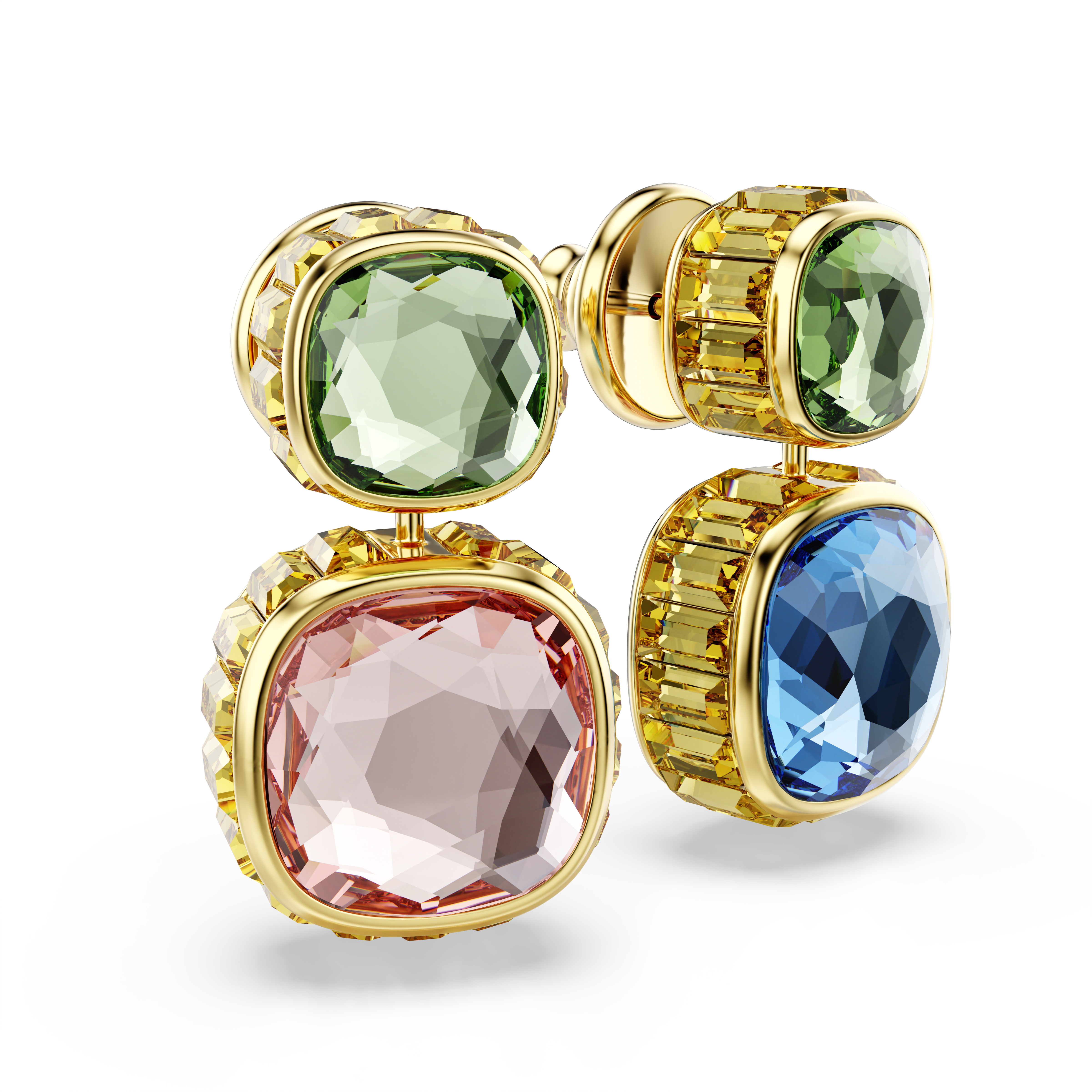 Swarovski Chroma drop earrings, Cushion cut, Multicolored, Gold-tone plated 5721610