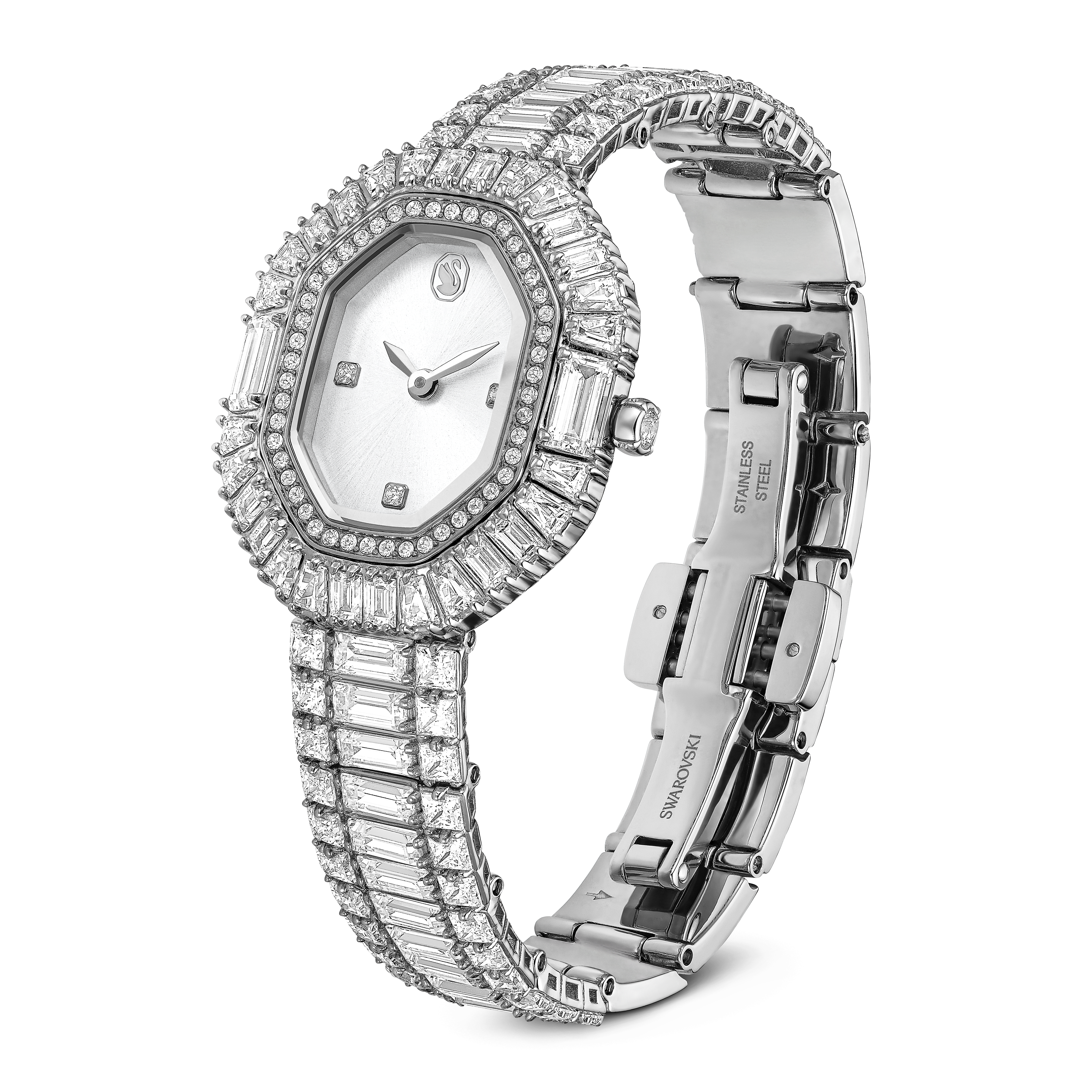 Swarovski Matrix octagon watch, Baguette cut, Metal bracelet, Silver tone, Stainless steel 5724516