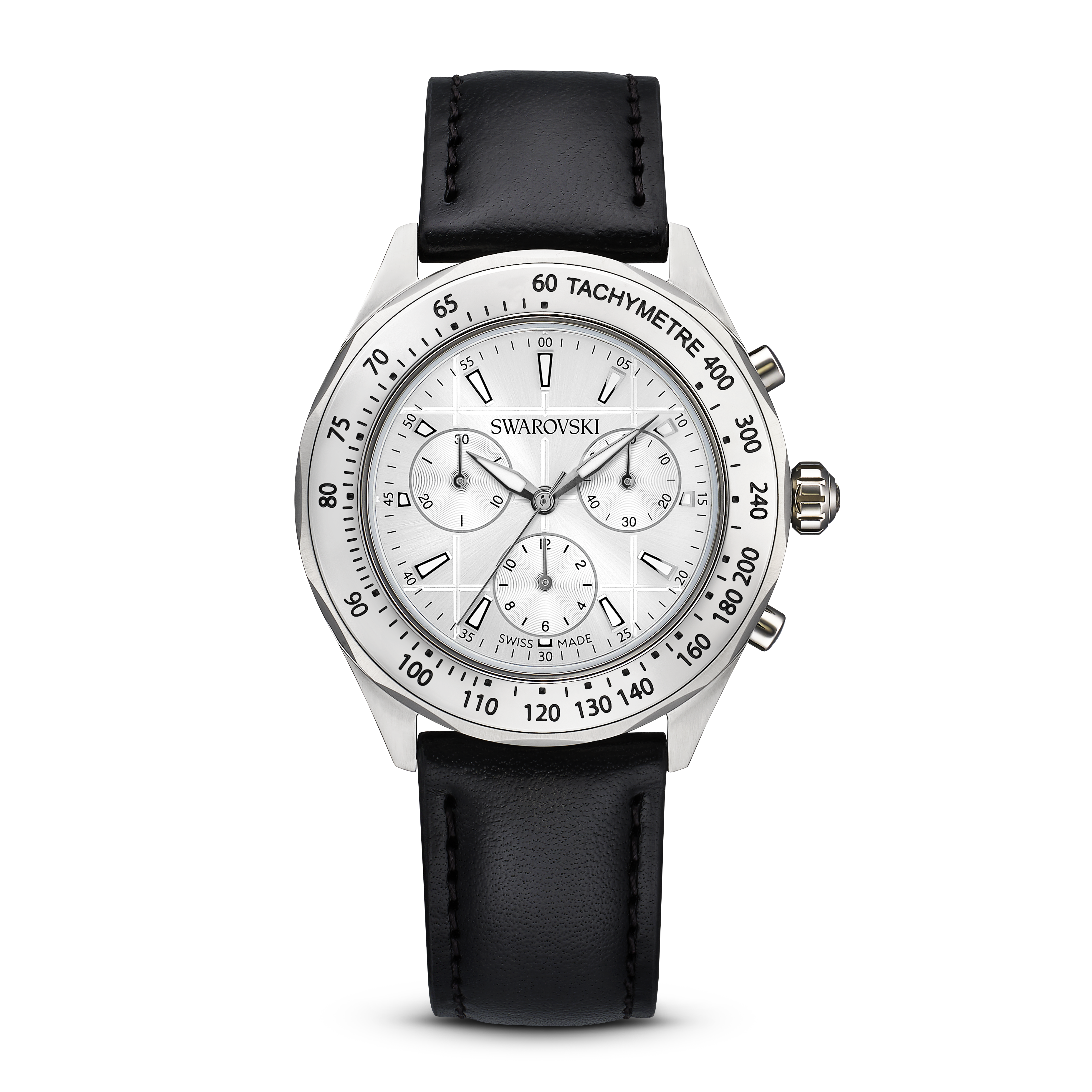 Swarovski Dextera tachymetre watch, Swiss Made, Leather strap, Silver tone, Stainless steel 5728378
