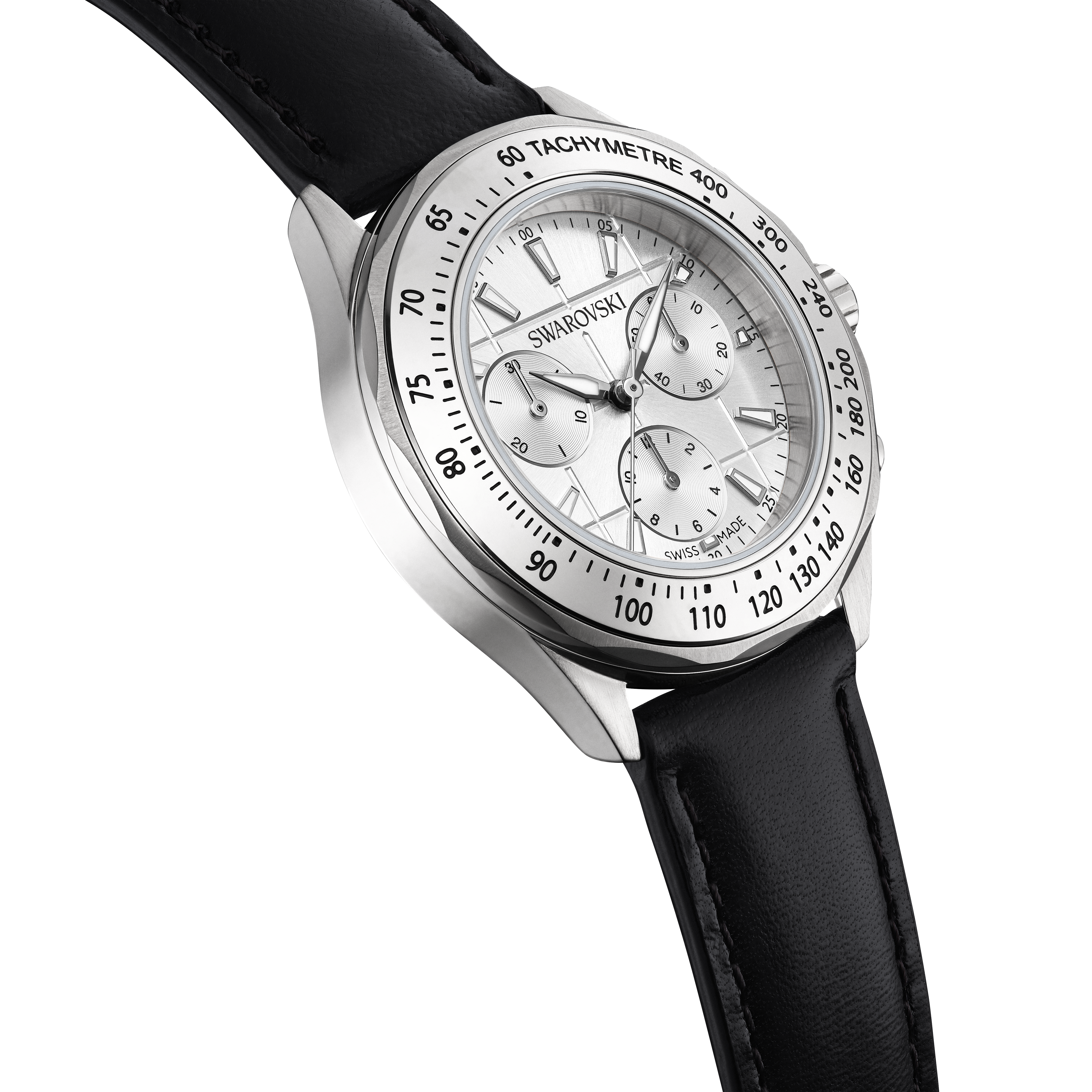 Swarovski Dextera tachymetre watch, Swiss Made, Leather strap, Silver tone, Stainless steel 5728378