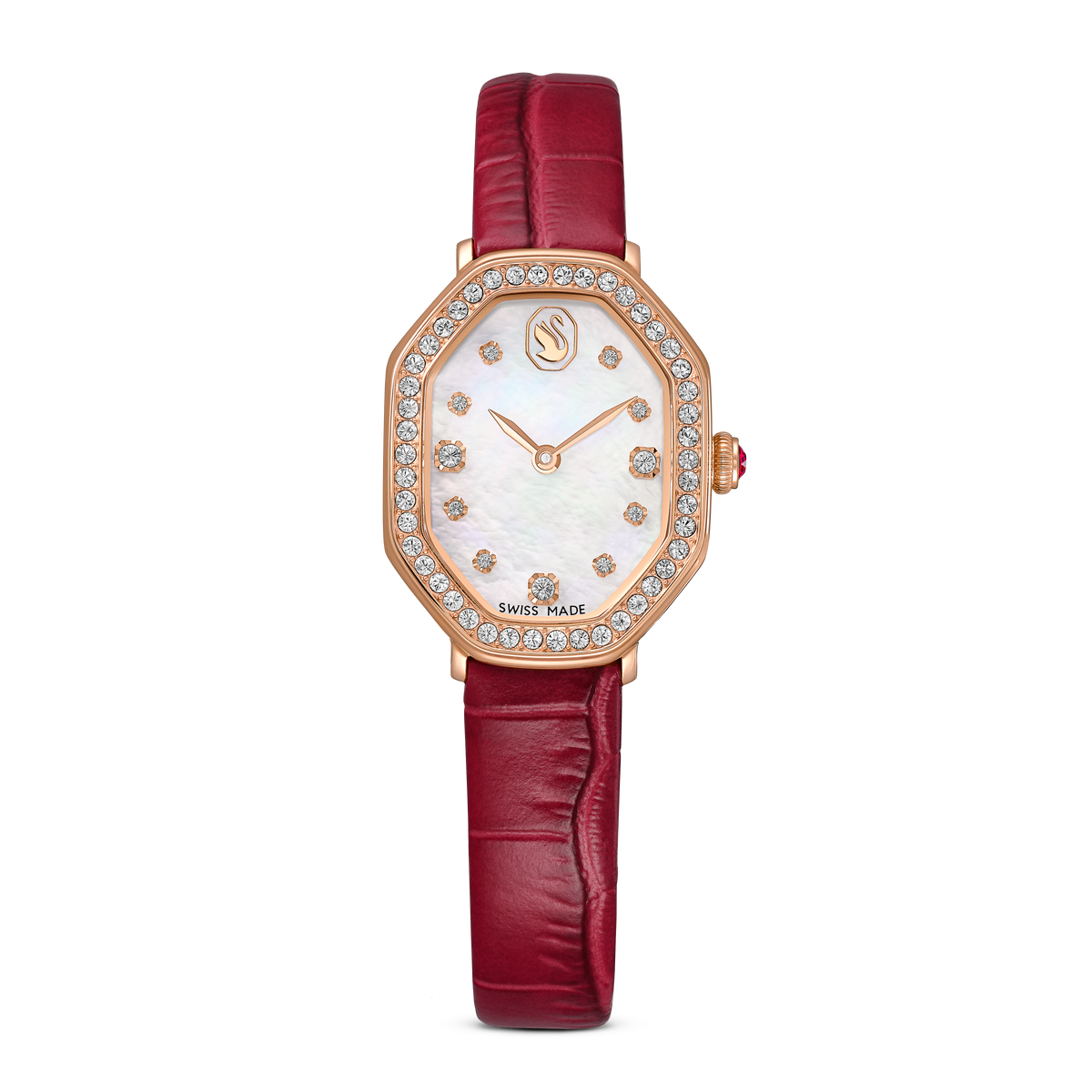 ローズANDストーン時計 Swarovski Dextera octagon watch, Swiss Made, Leather strap, Red