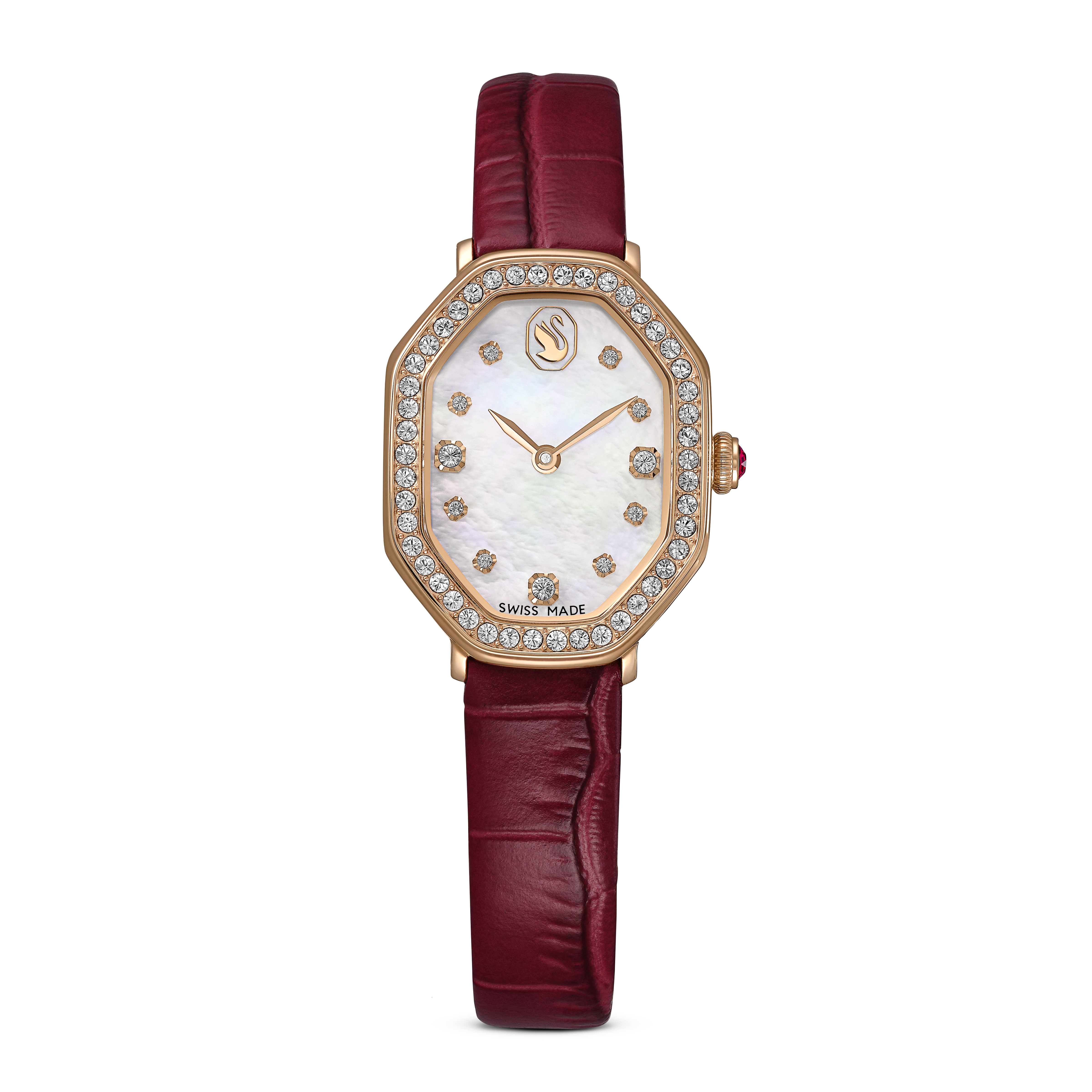 Swarovski Dextera octagon watch, Swiss Made, Leather strap, Red, Rose gold-tone finish 5730373