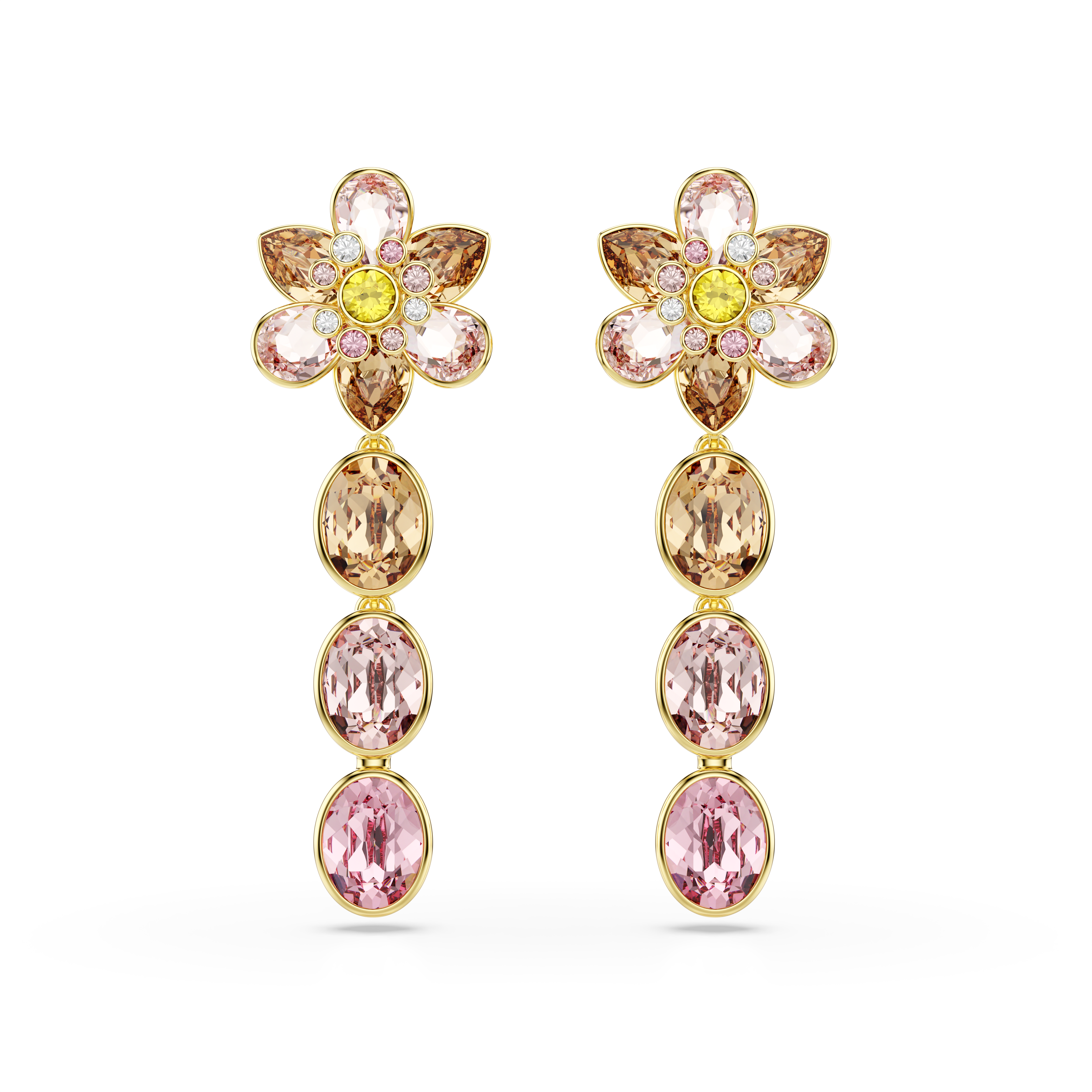 Swarovski Idyllia drop earrings, Mixed cuts, Flower, Multicolored, Gold-tone plated 5732381