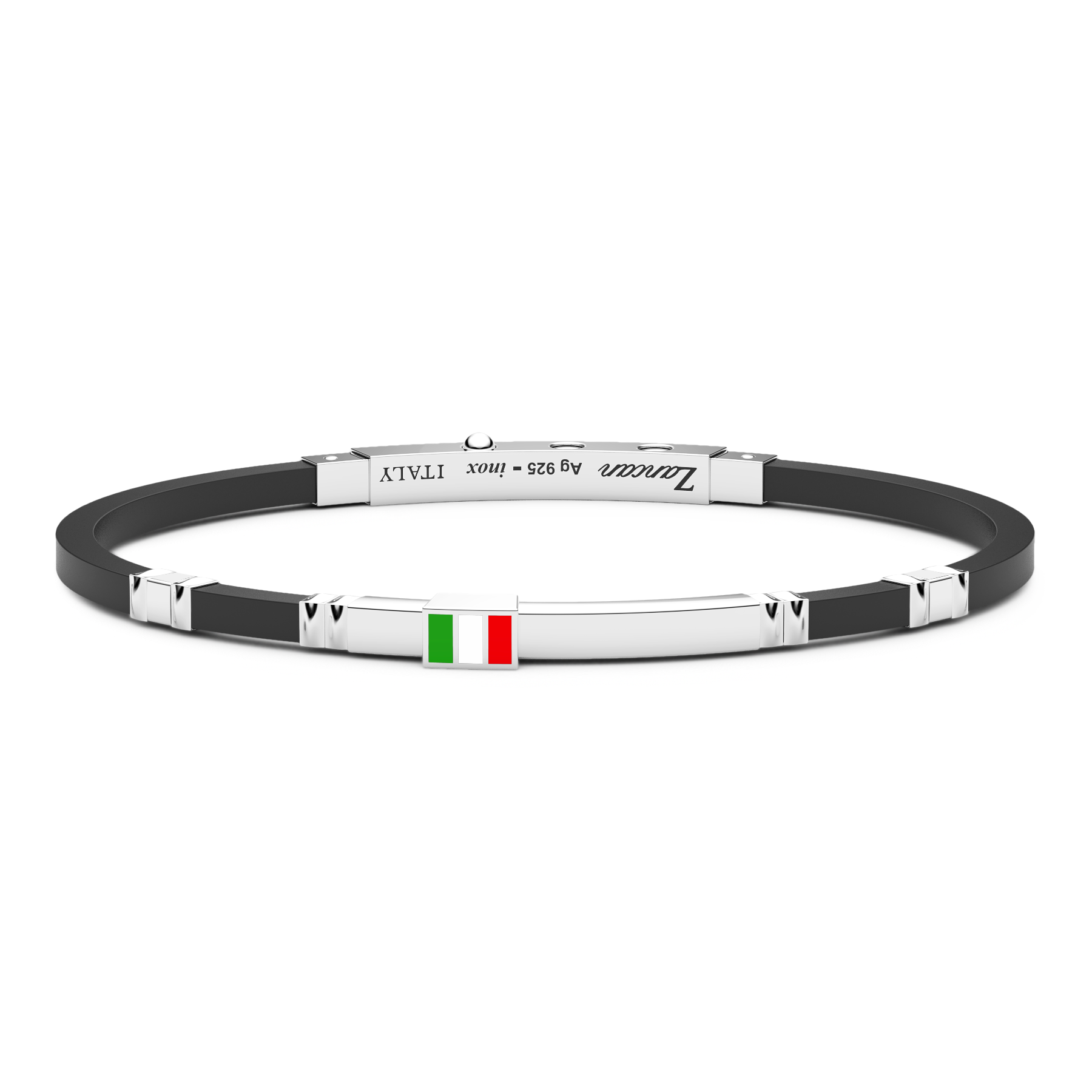 Black Silicone Bracelet with Silver Tag and Italian Flag