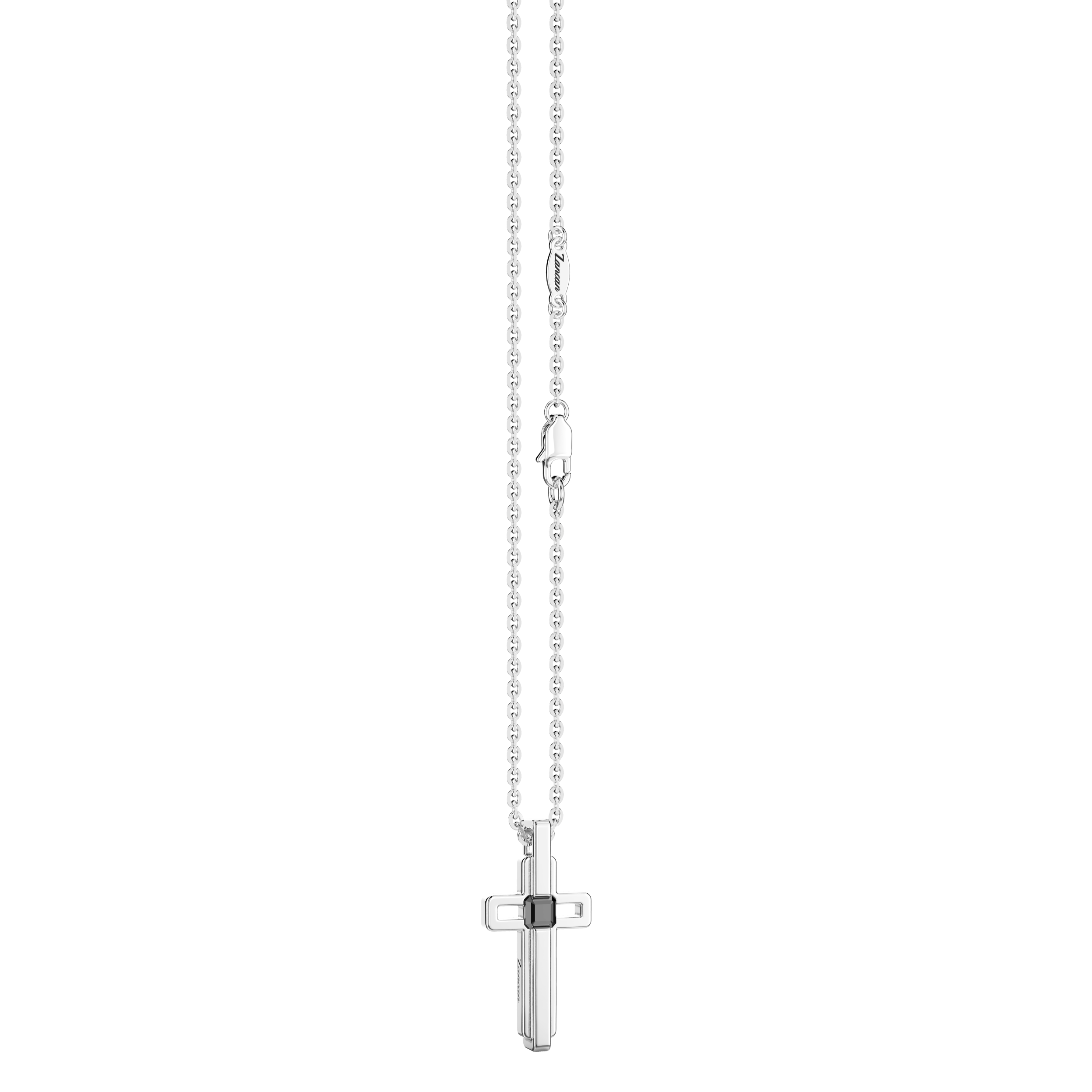 Steel Necklace with Cross and Black Stone