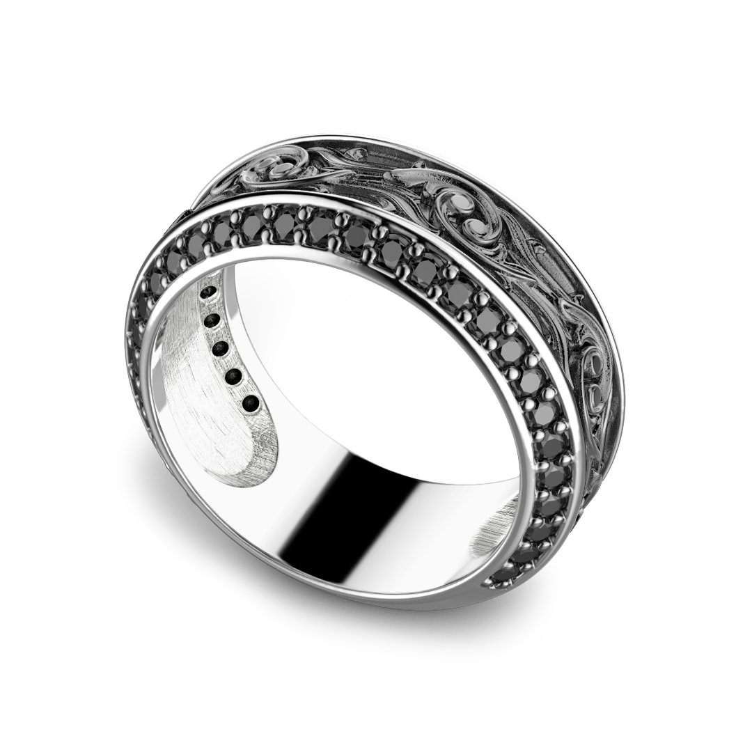 Silver Band Ring with Black Stones
