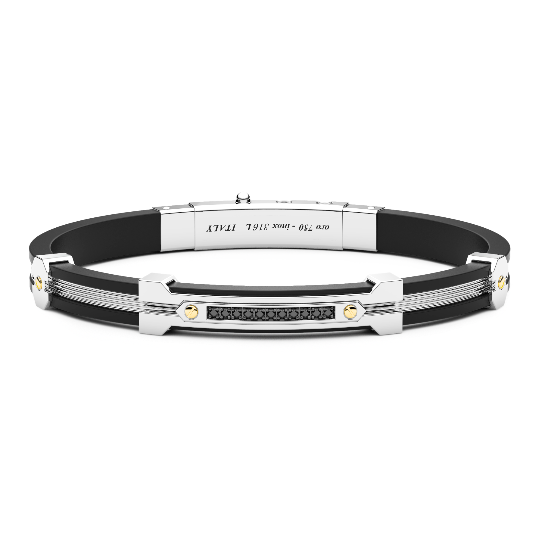 Black Silver Bracelet with 18K Gold Inserts, Stones & Silicone