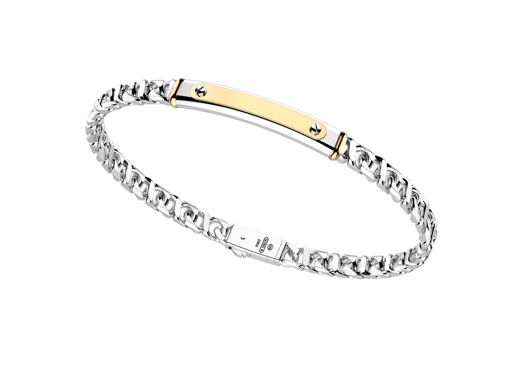 Silver Curb Chain Bracelet with Tag & Gold inserts
