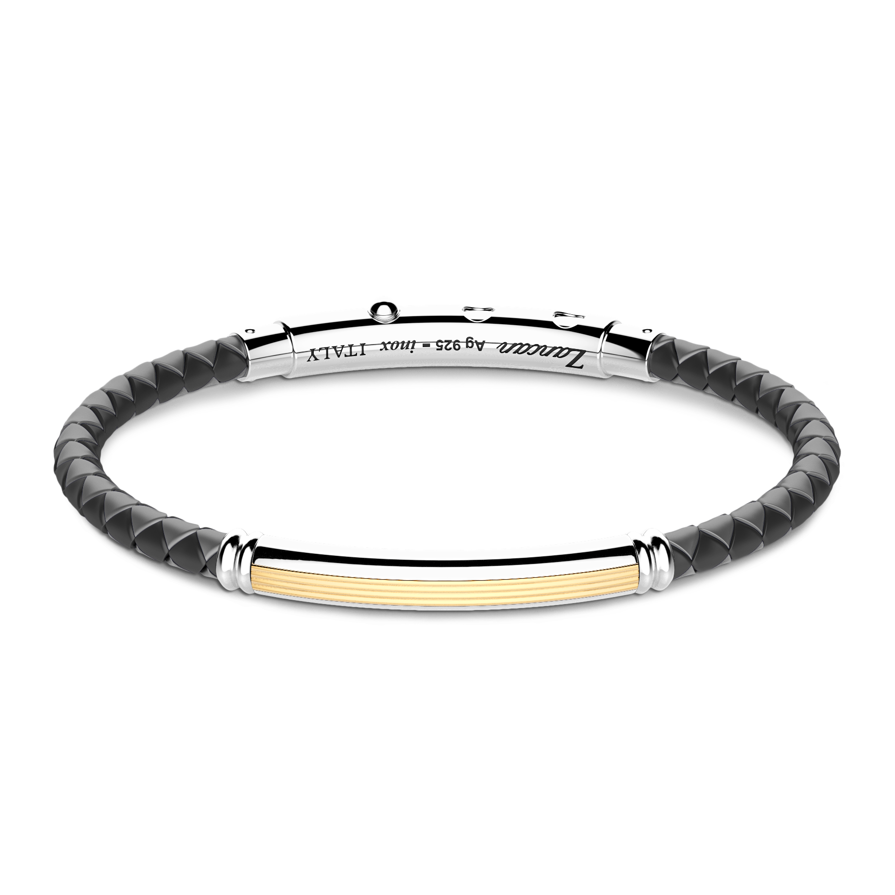 Black Silicone Bracelet with Silver Tag & Yellow Gold Details