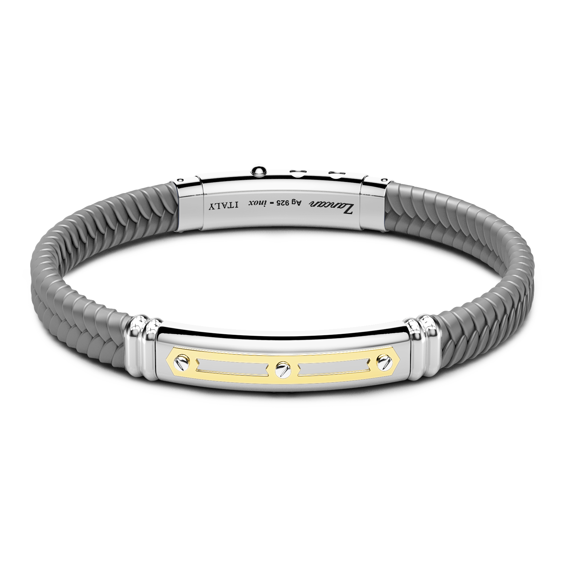 Gray Silicone Bracelet with Silver Tag & Yellow Gold Details