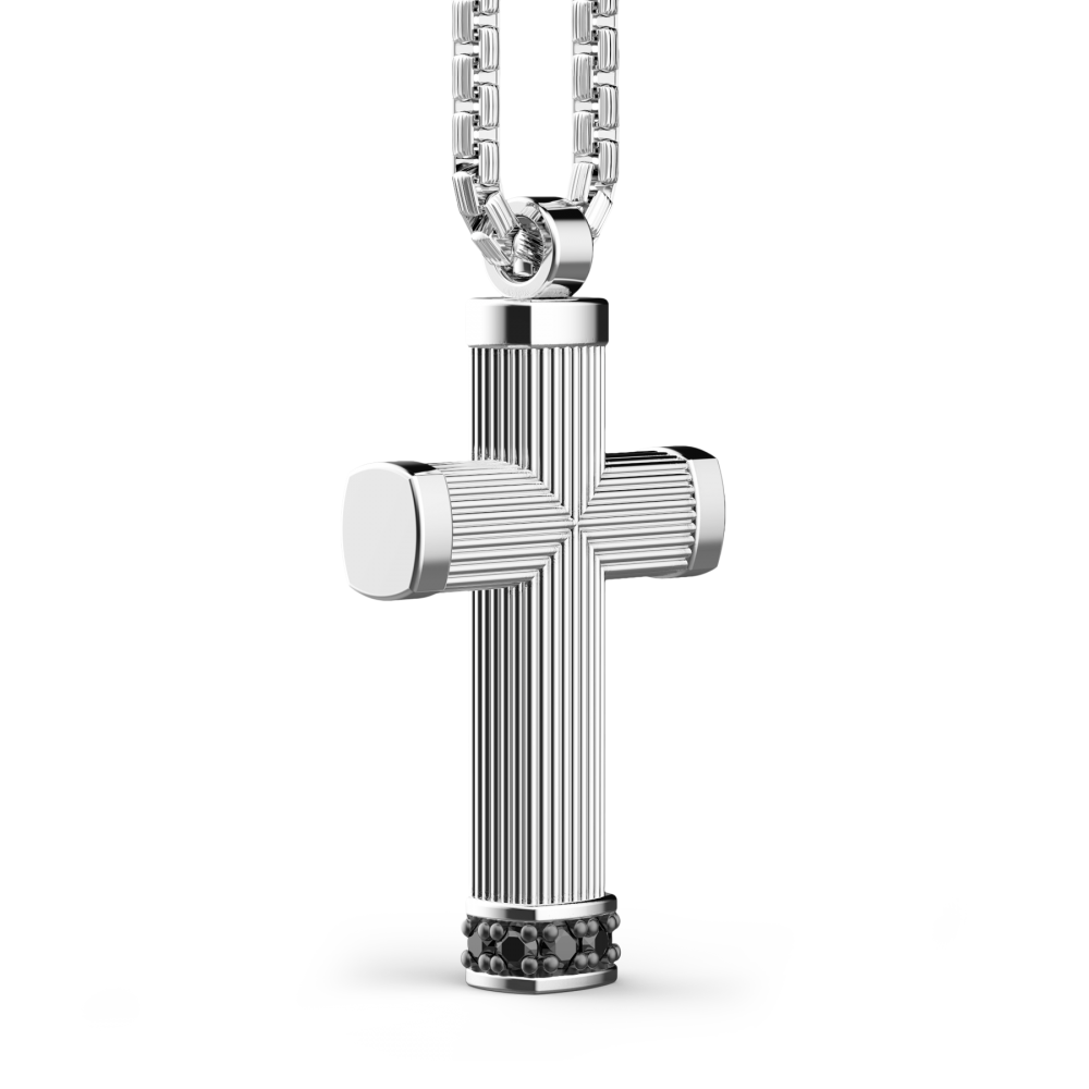 Silver Necklace with Cross Pendant and Black Stones