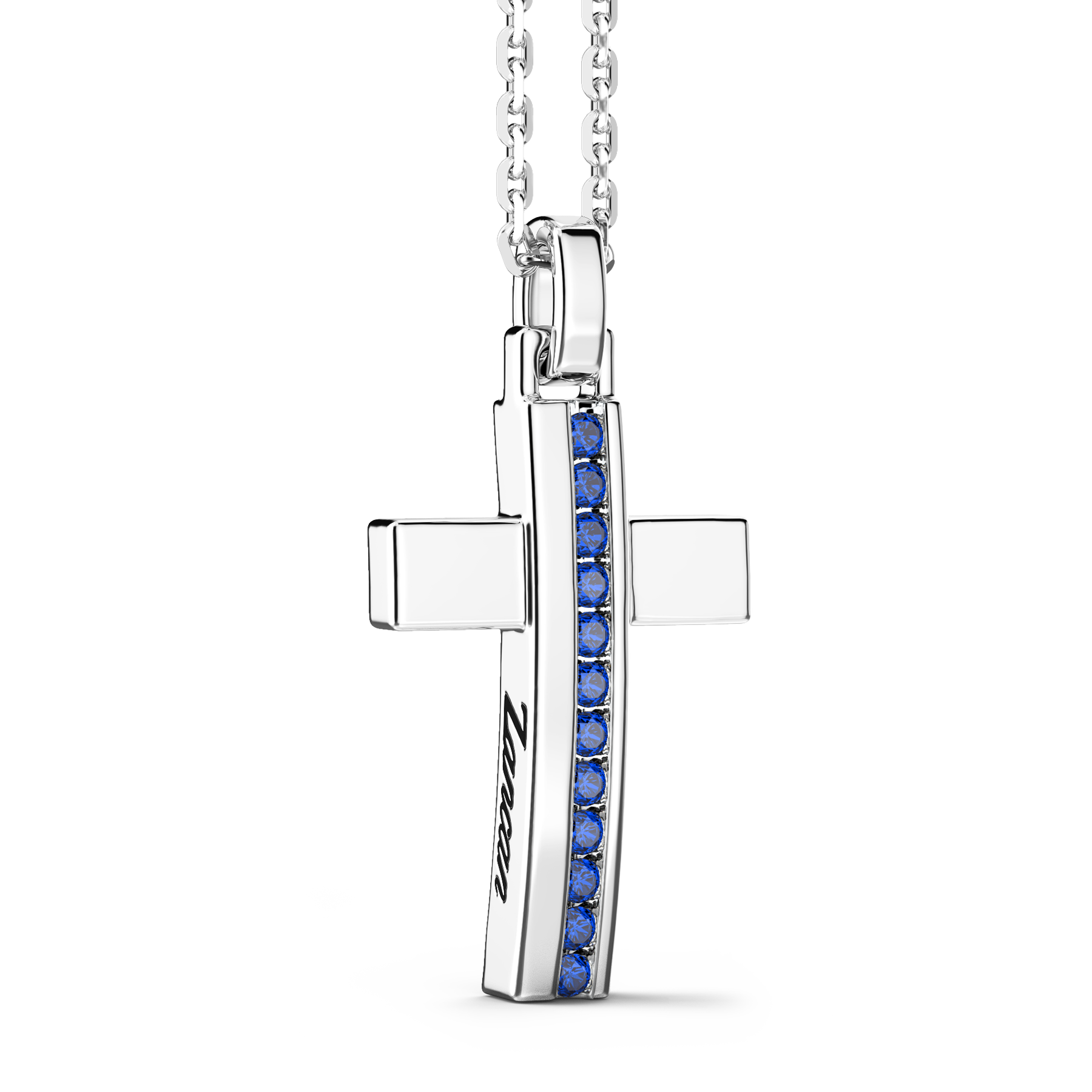 Silver Necklace with Cross Pendant & Blue Stones