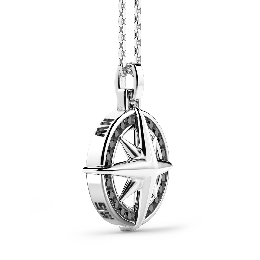 Silver Necklace with Wind Rose pendant & Black Stones