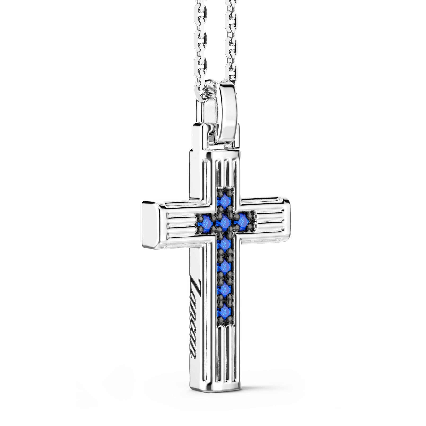Silver Necklace with Cross Pendant & Blue Stones