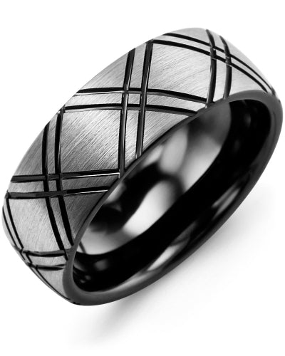 MADANI MEN'S DOME BLACK TUNGSTEN CARVED LINE WEDDING RING MEB800TT MEB800TT