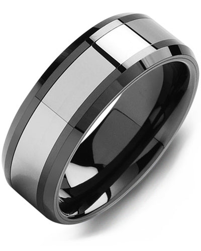 MADANI MEN'S BEVELED POLISHED CERAMIC & TUNGSTEN WEDDING BAND MGN800CT MGN800CT