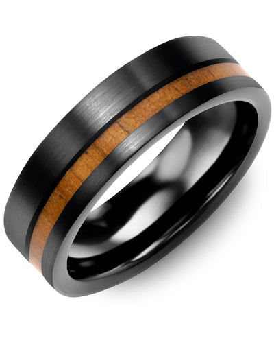 MADANI MEN'S BRUSH BLACK CERAMIC OFF CENTER KOA WOOD WEDDING BAND RHE700CD RHE700CD